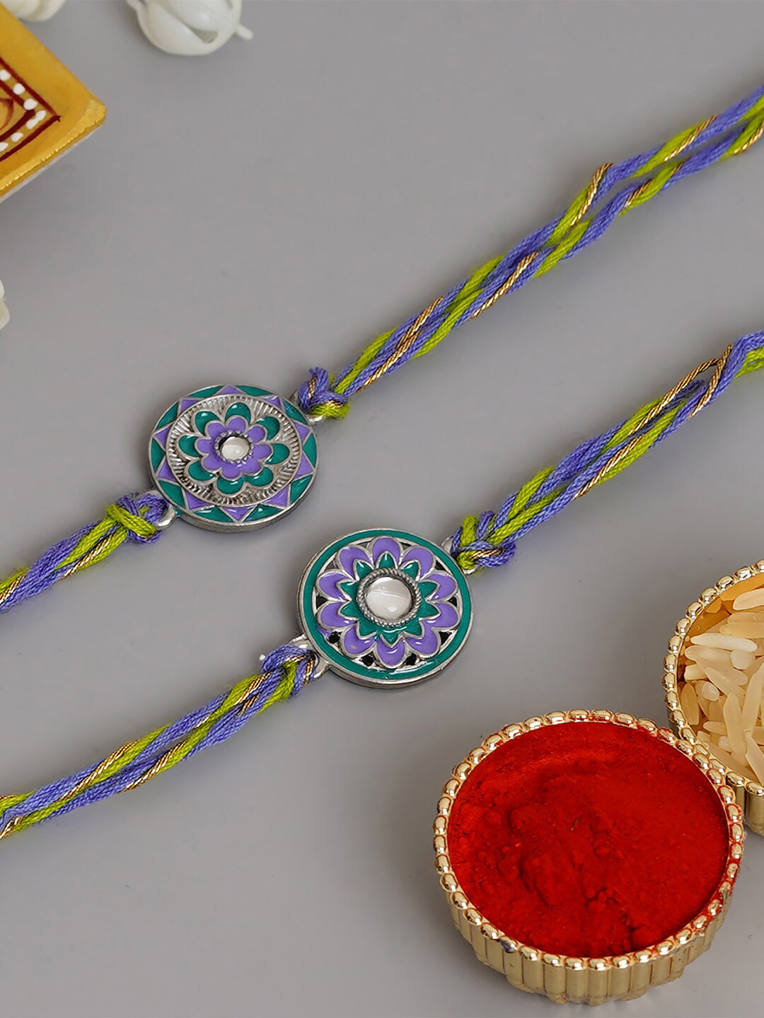 eCraftIndia Designer Pack of 2 Rakhis and Roli Chawal Pack
