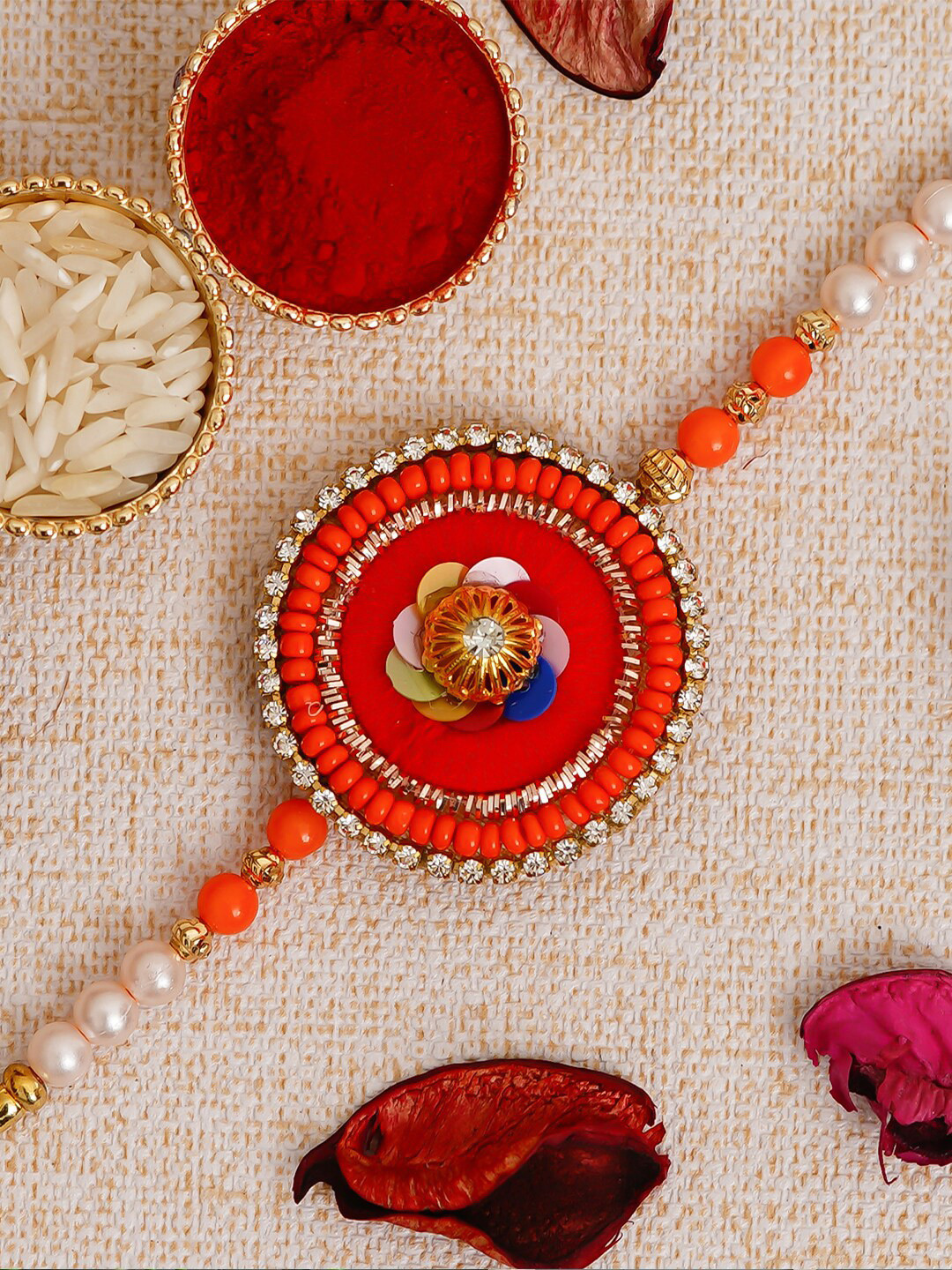 eCraftIndia Red Floral Rakhi & Roli Chawal Pack
