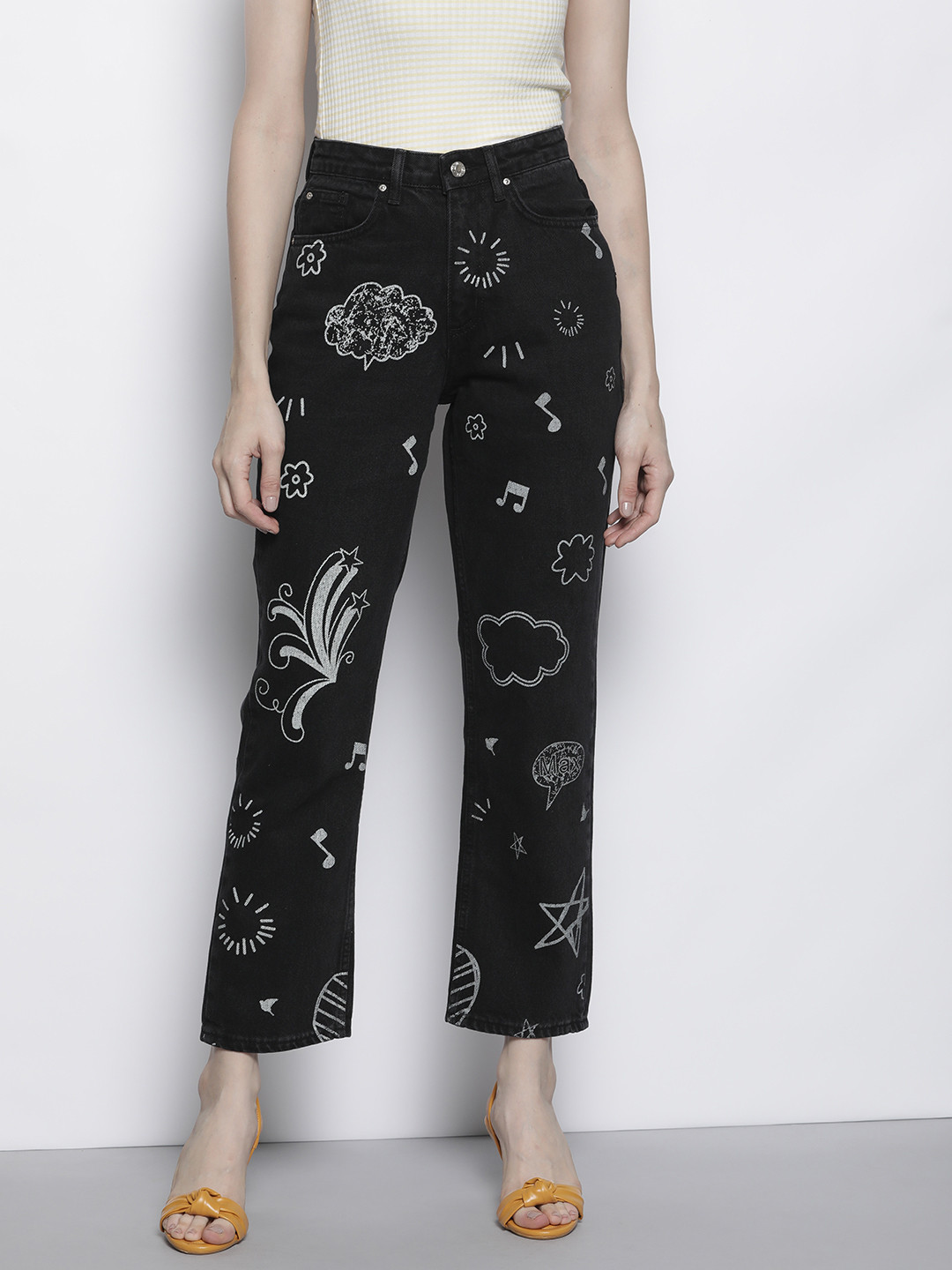 Trendyol Women Black Pure Cotton Straight Fit High-Rise Conversational Printed Jeans