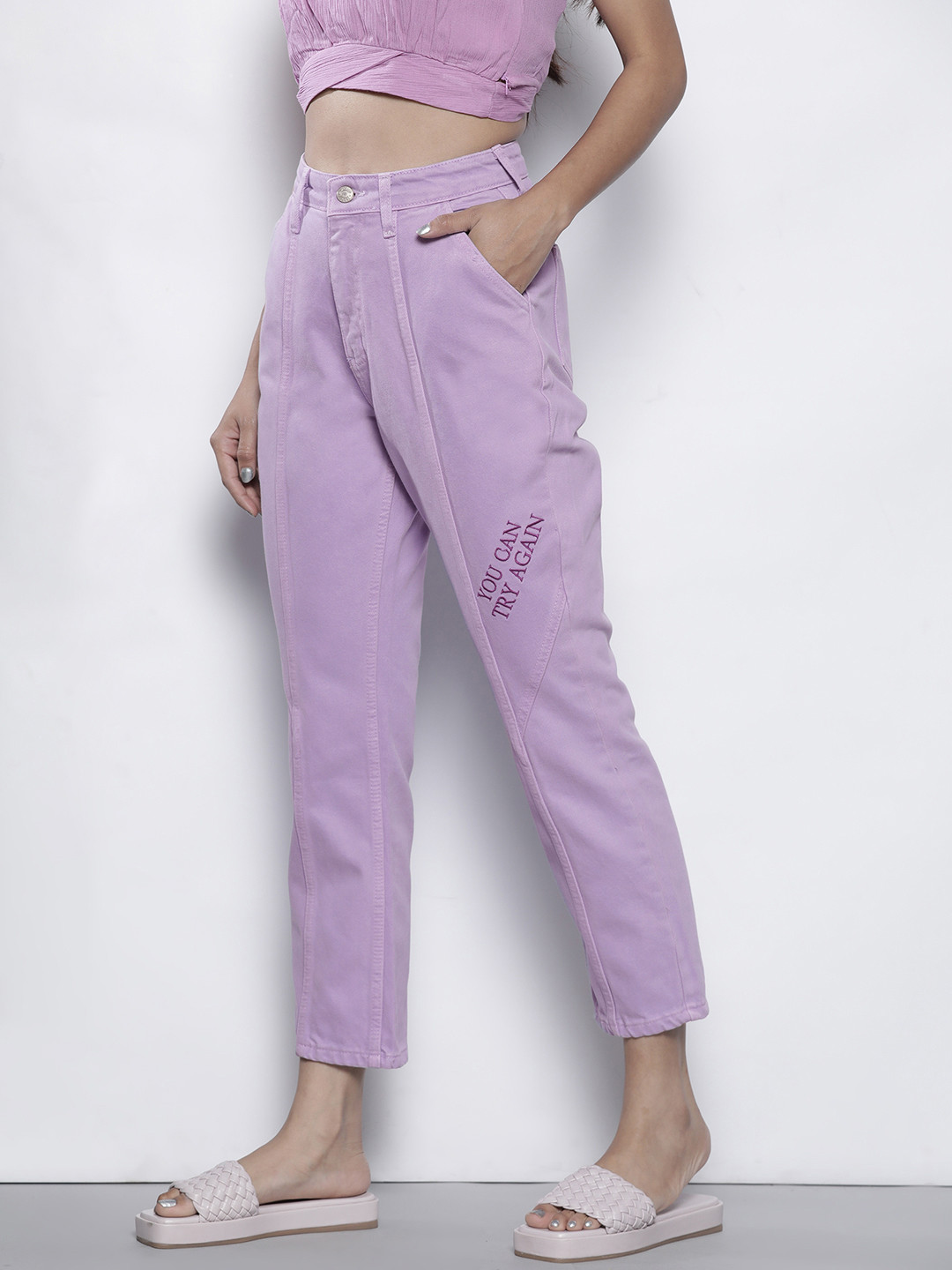 Trendyol Women Lavender Pure Cotton Straight Fit High-Rise Stretchable Jeans