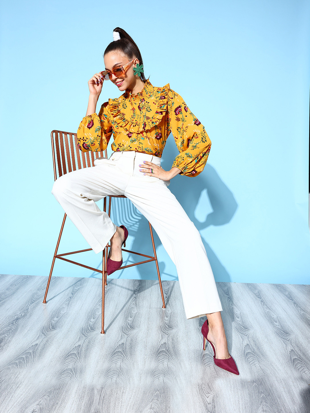 plusS Mustard Floral Feminine Frills Top