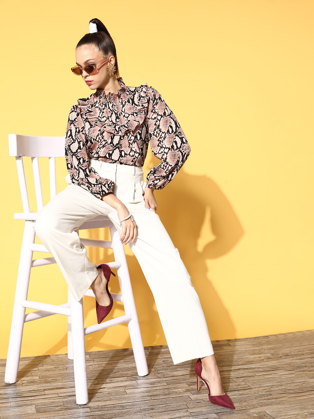 plusS Chic Brown Animal Printed Feminine Frills Top