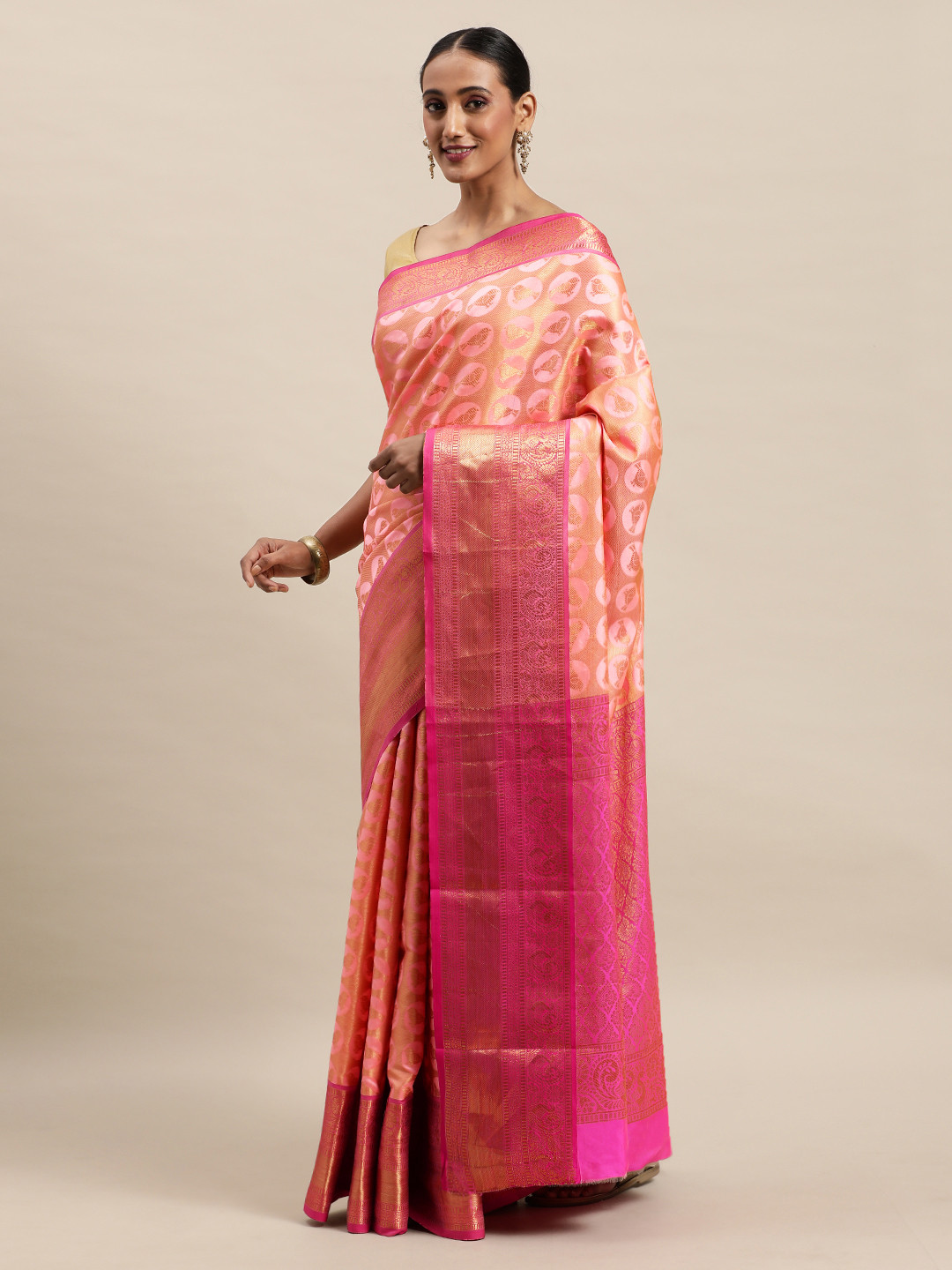 Royal Rajgharana Saree Peach-Coloured & Golden Woven Design Kanjeevaram Saree