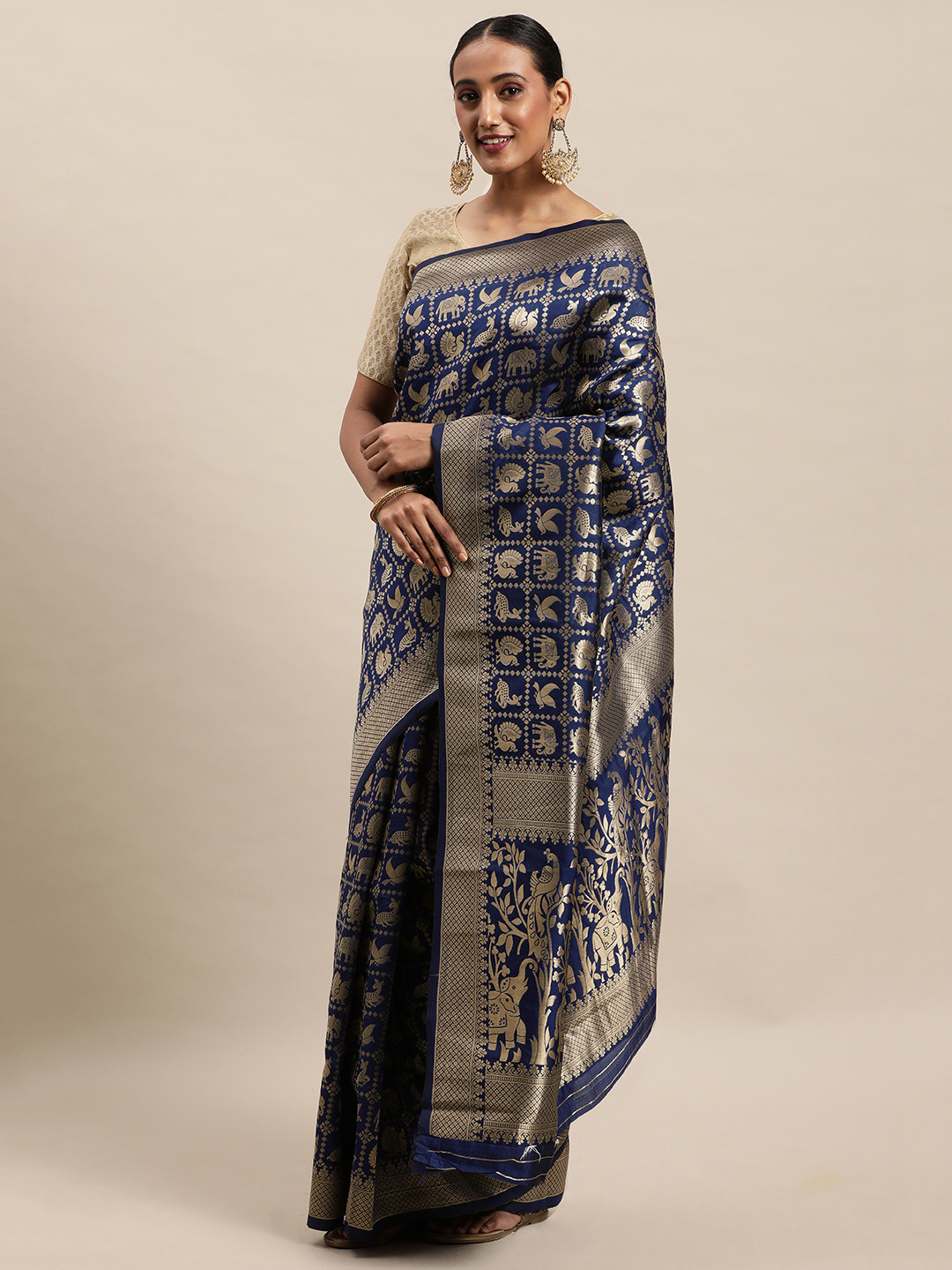 Royal Rajgharana Saree Navy Blue & Silver Woven Design Patola Saree