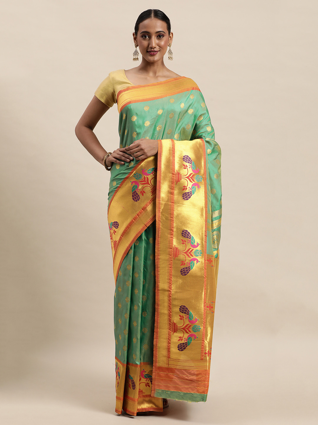 Royal Rajgharana Saree Sea Green & Golden Woven Design Zari Paithani Sarees