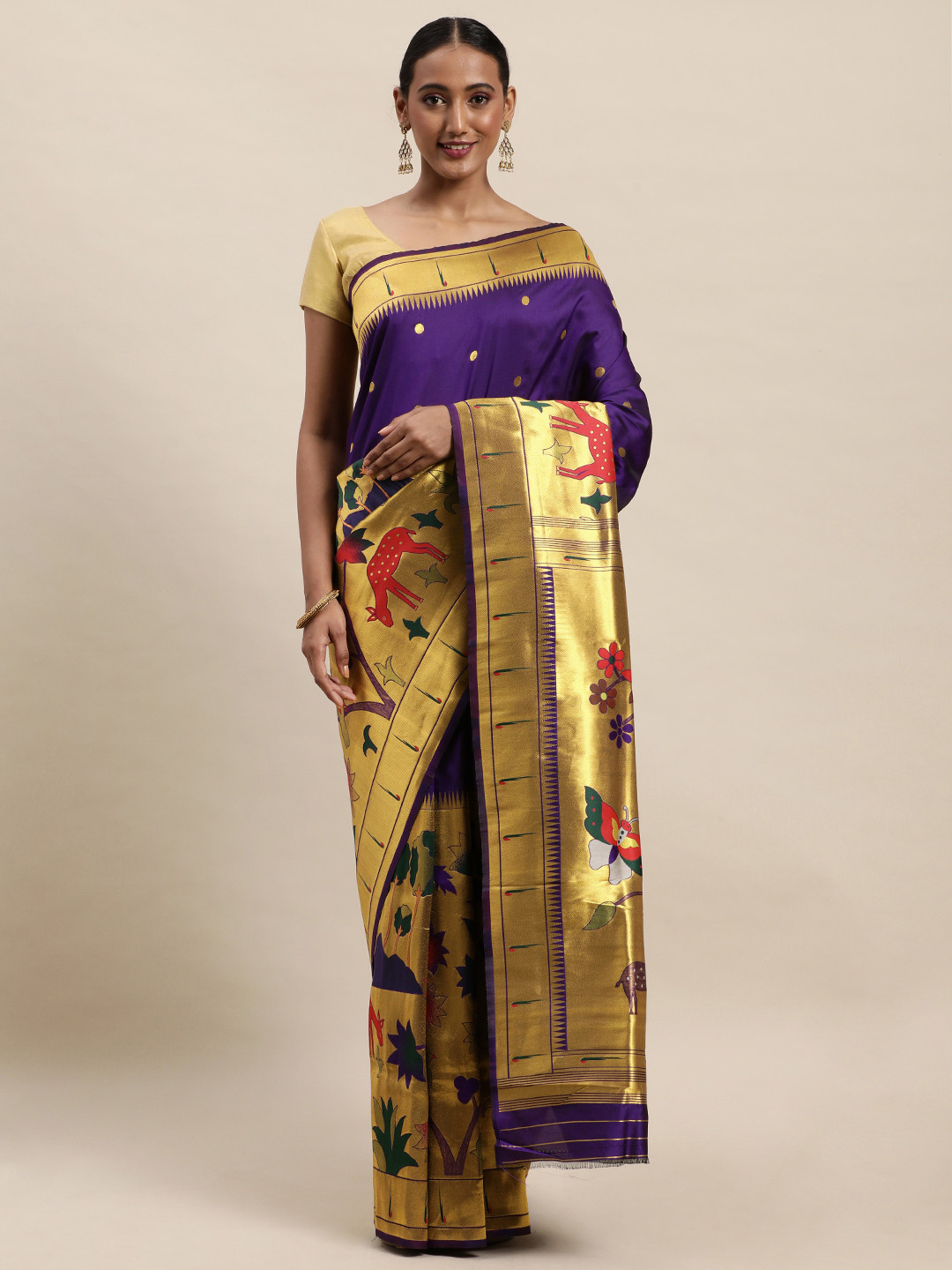 Royal Rajgharana Saree Purple & Golden Ethnic Motifs Zari Woven Design Paithani Sarees