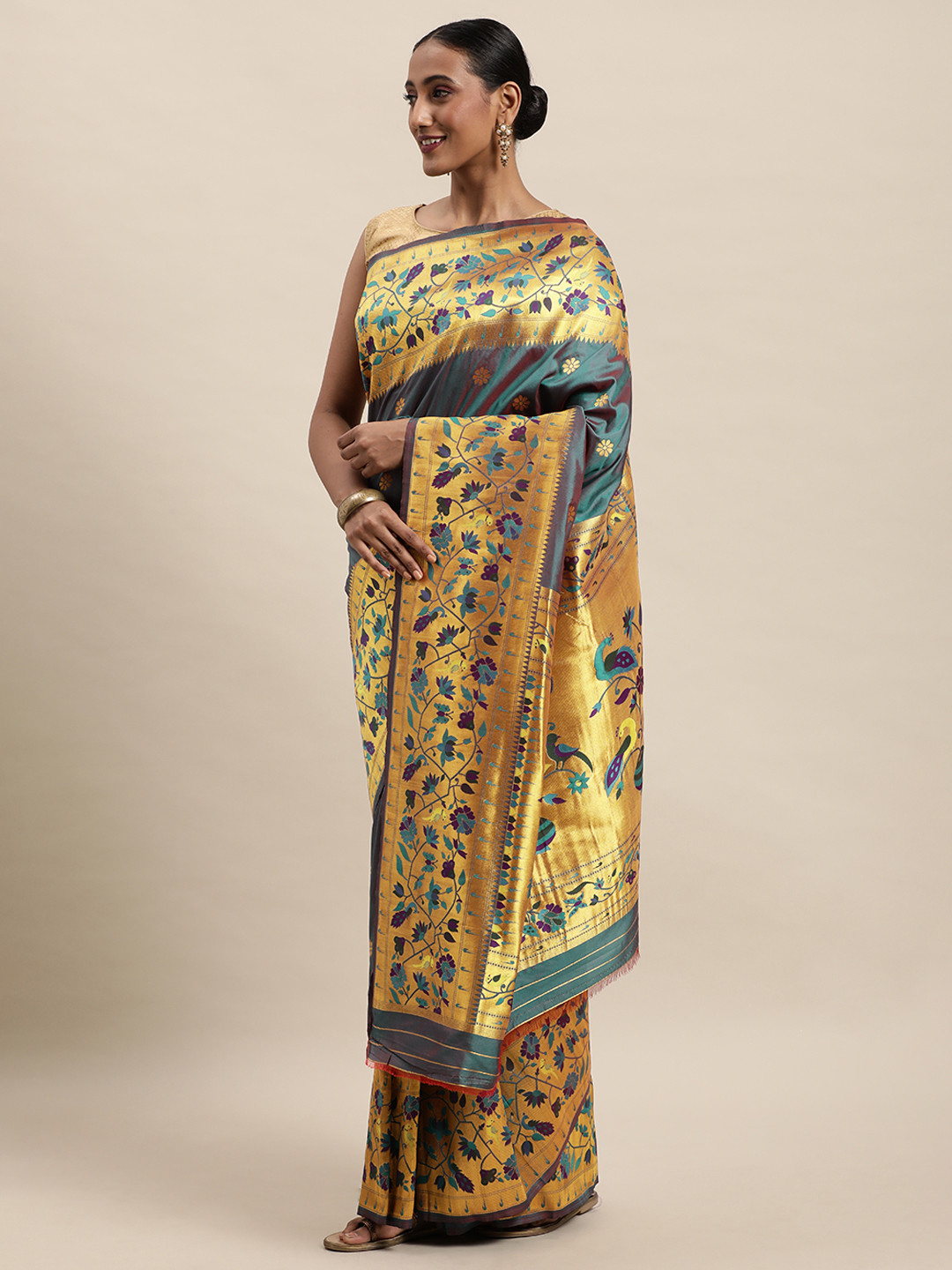 Royal Rajgharana Saree Maroon & Teal Green Ethnic Motifs Woven Design Zari Paithani Sarees