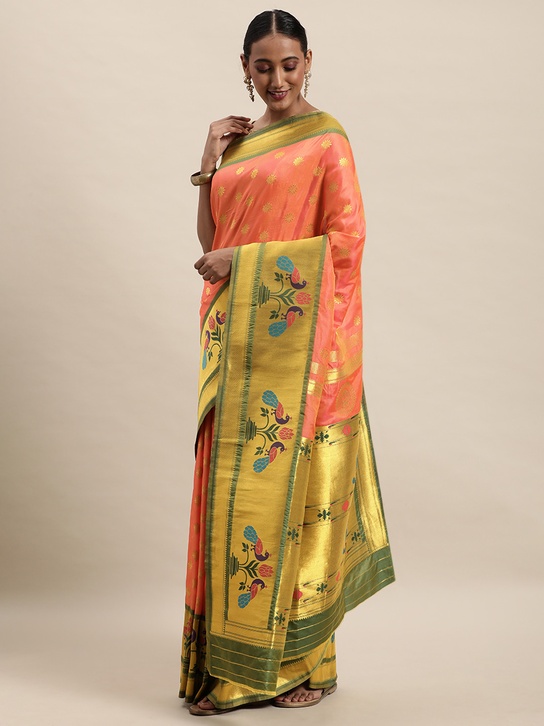 Royal Rajgharana Saree Orange & Green Ethnic Motifs Woven Design Zari Paithani Sarees