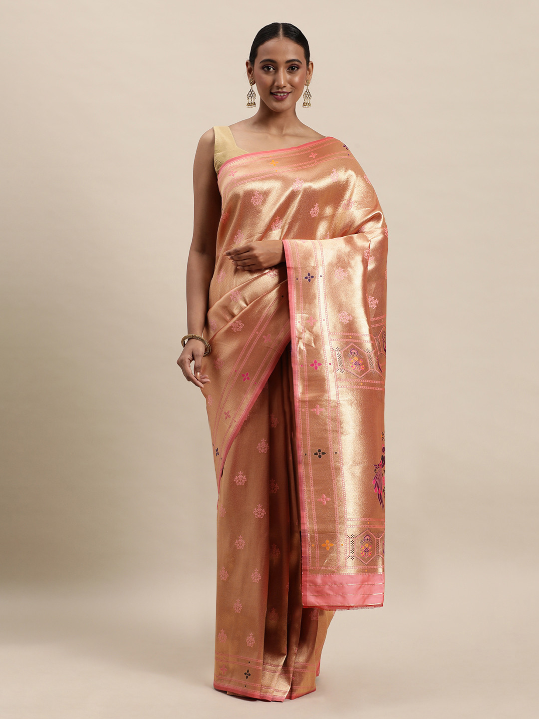 Royal Rajgharana Saree Peach-Coloured & Golden Woven Design Paithani Saree