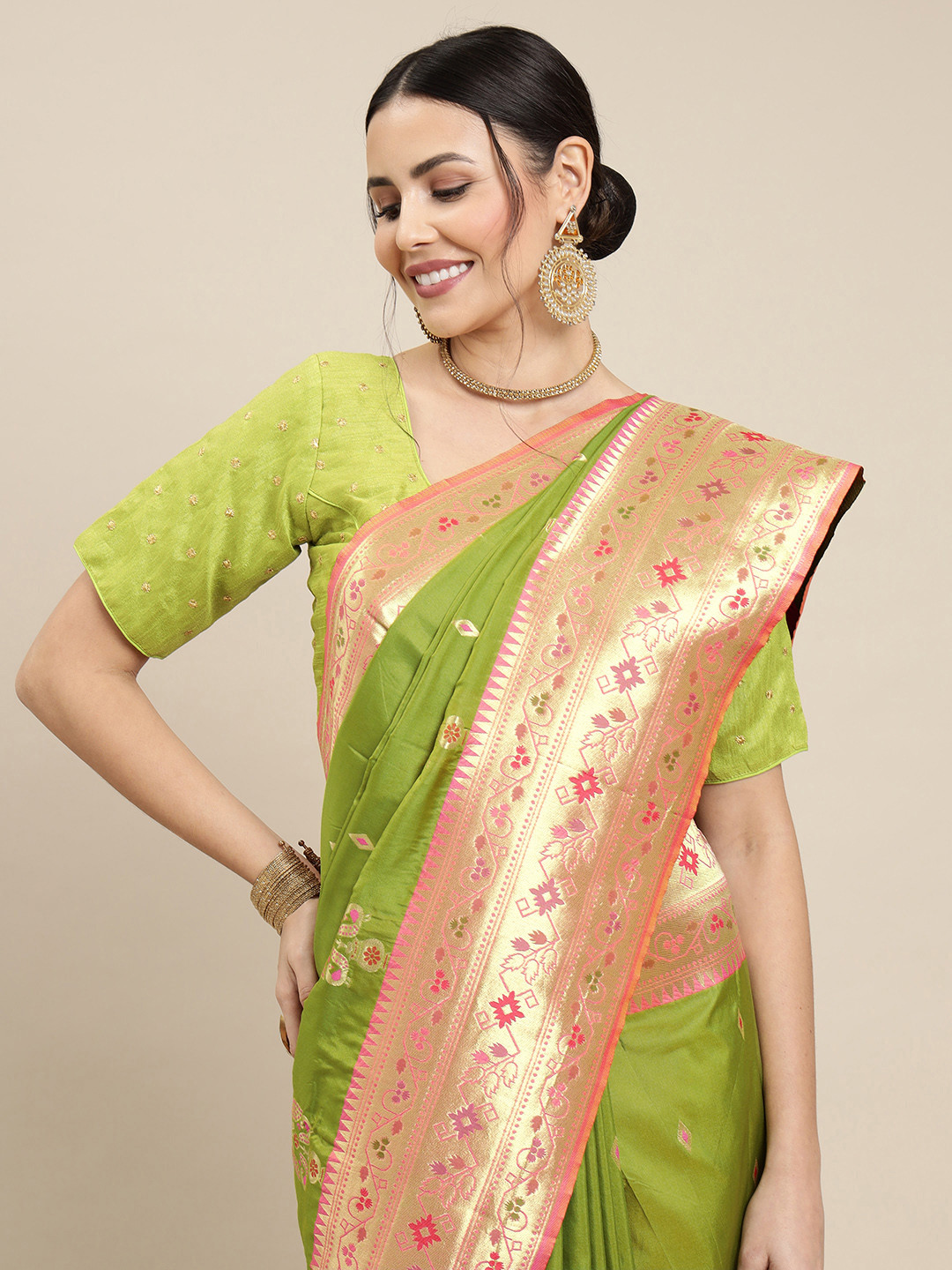 Royal Rajgharana Saree Green & Pink Ethnic Motifs Woven Design Zari Paithani Sarees