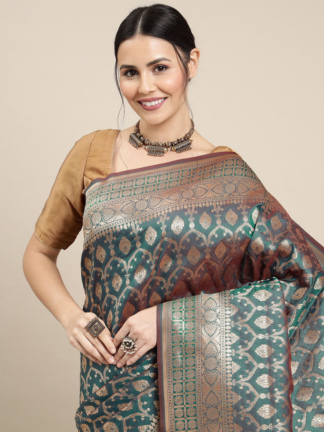 Royal Rajgharana Saree Teal Green & Brown Woven Design Zari Banarasi Sarees