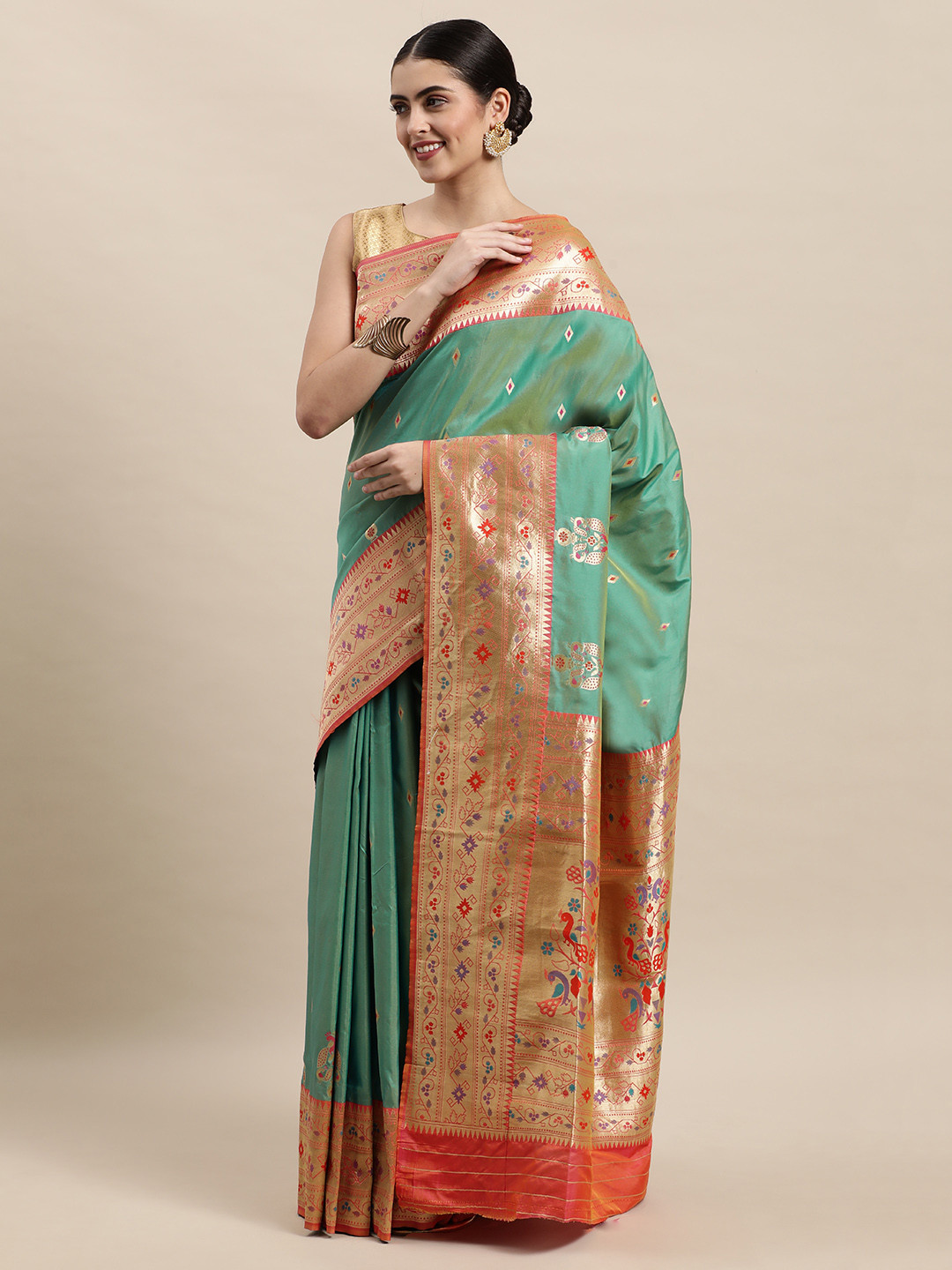 Royal Rajgharana Saree Sea Green & Golden Woven Design Paithani Saree