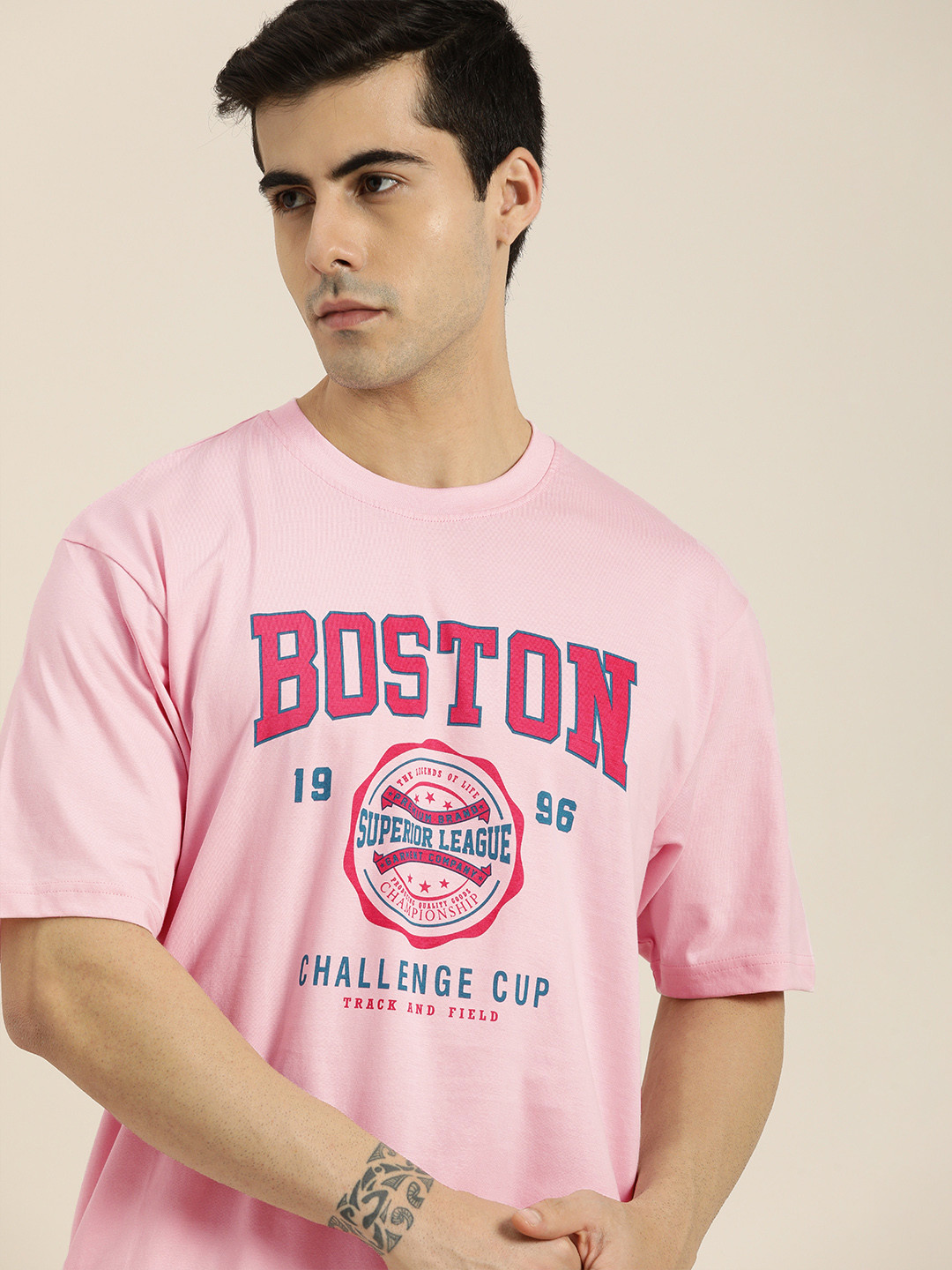 DILLINGER Men Pink & Blue Varsity Printed Drop-Shoulder Sleeves Pure Cotton Oversized  T-shirt