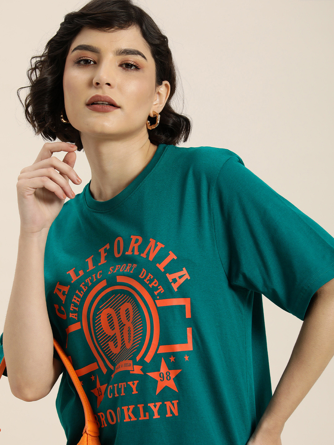 DILLINGER Women Green & Orange Typography Printed Pure Cotton Oversized  T-shirt