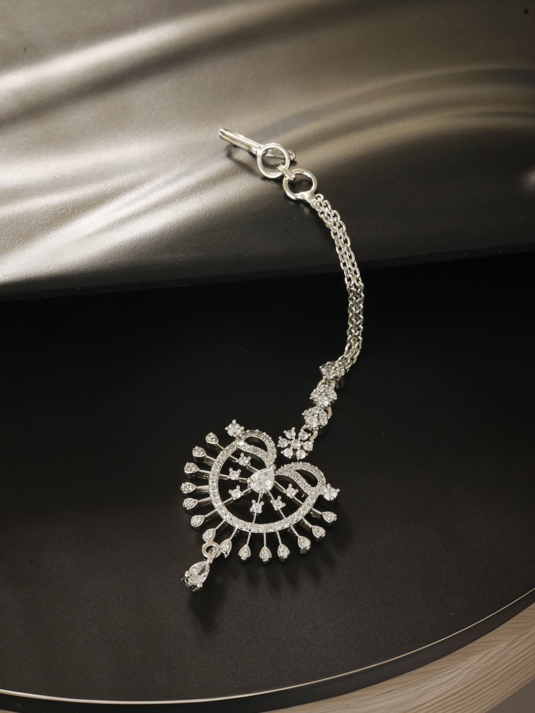 Saraf RS Jewellery Silver-Plated White AD-Studded Solar Maangtikka