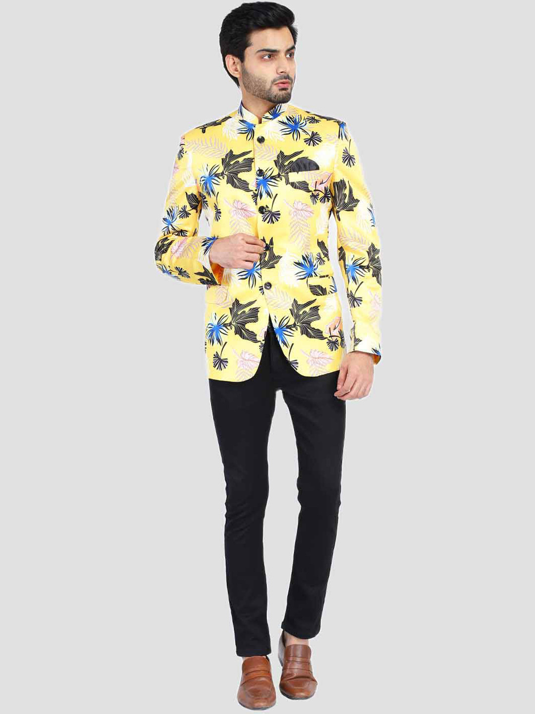 TAHVO Men Yellow & Black Printed Two-Piece Bandhgala Party Suit