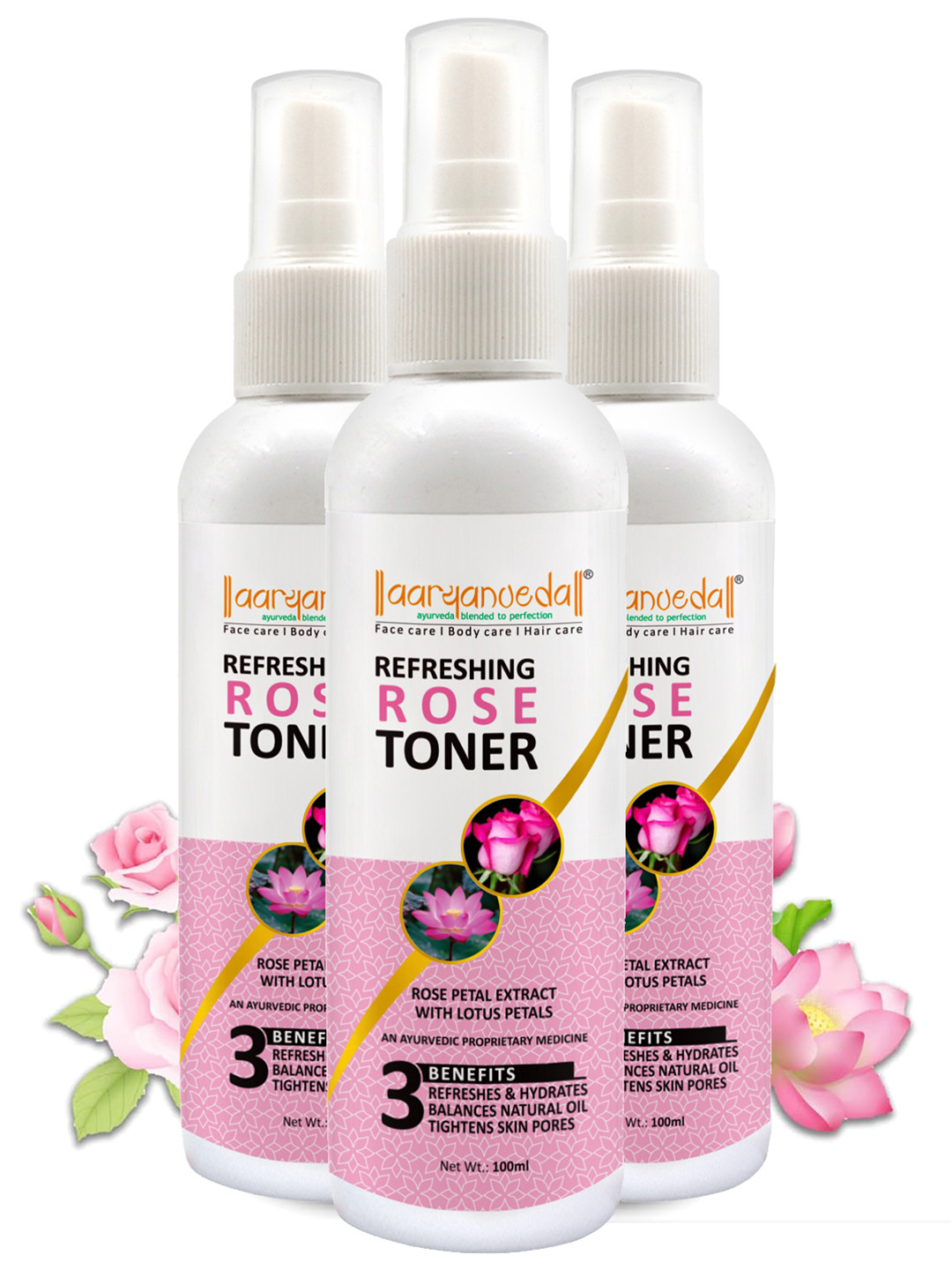 Aryanveda Set of 3 Rose Toner with Lavender for Face Hydration & Cleans Pores - 100ml Each