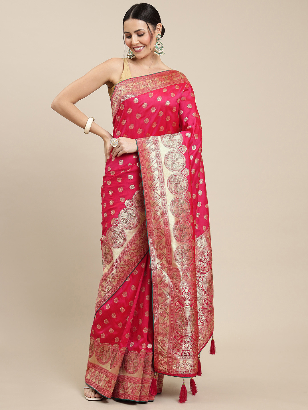 Royal Rajgharana Saree Pink & Silver Ethnic Motifs Zari Woven Design Banarasi Sarees