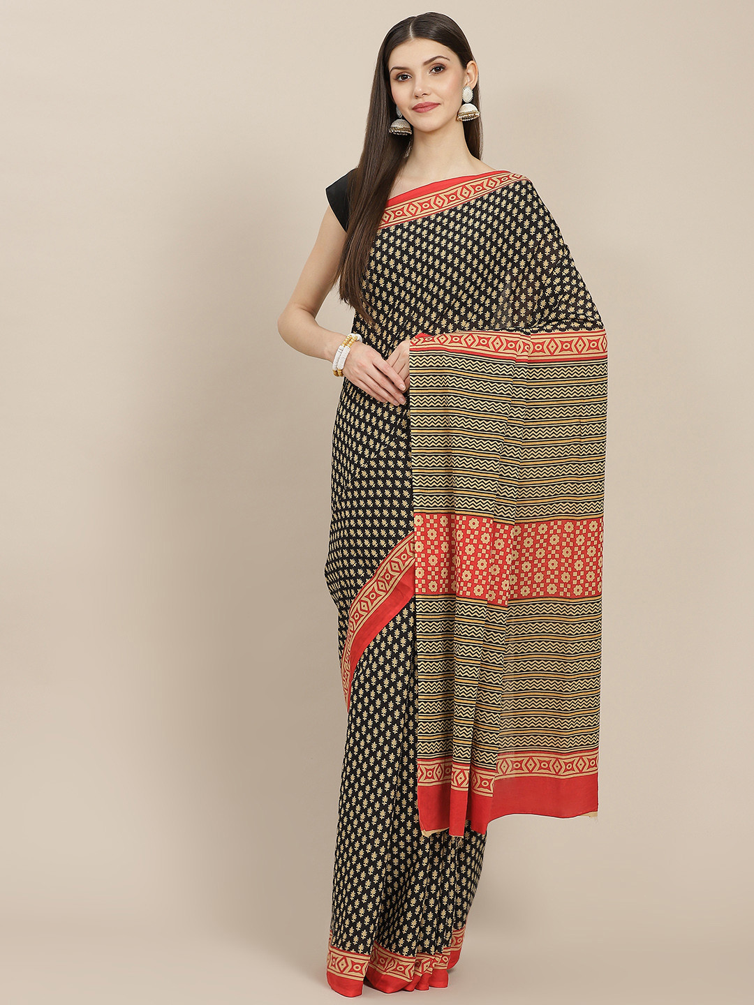 Yufta Black Ajrak Printed Pure Cotton Saree With Unstitched Blouse