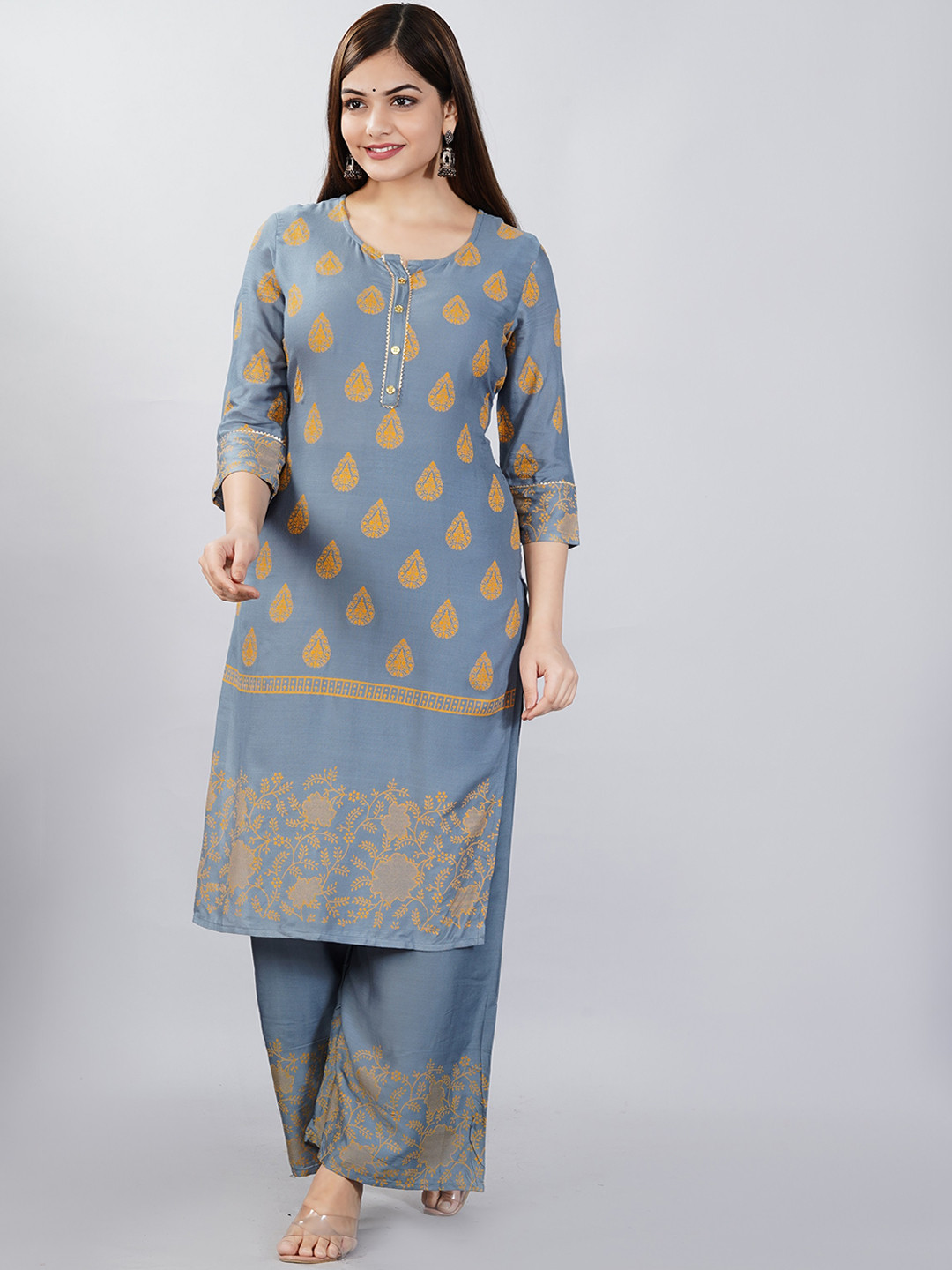 Bachuu Women Grey Ethnic Motifs Printed Kurta with Palazzos
