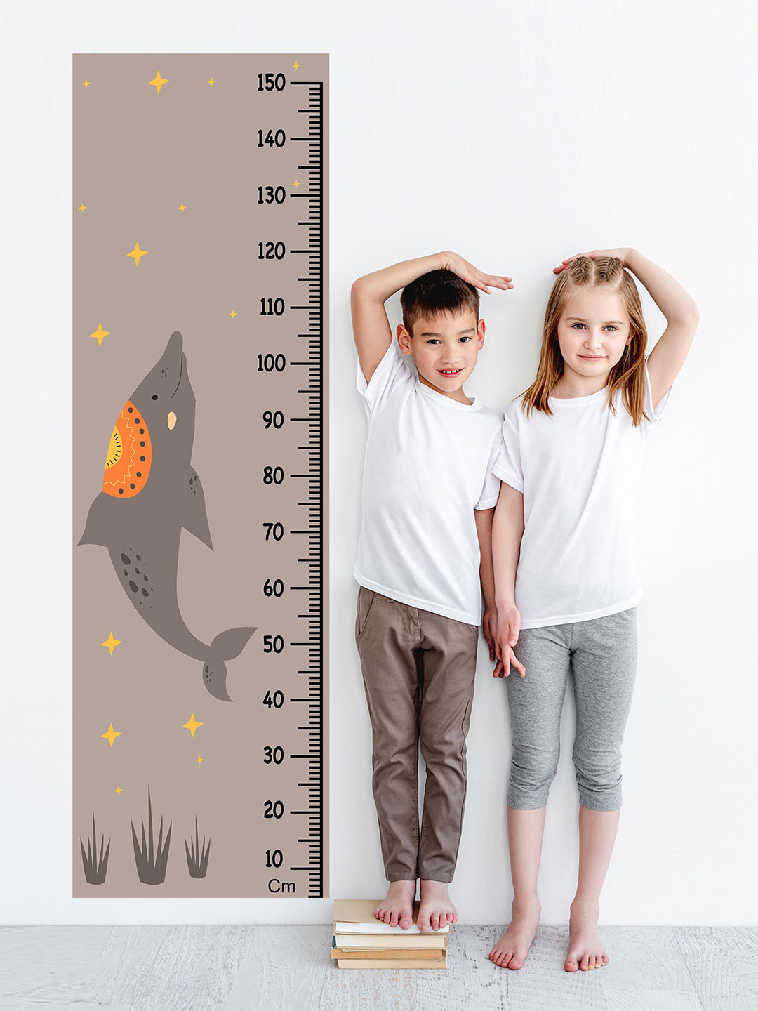 WENS Grey & Orange Colored Printed Cute Dolphin Height Chart Wall Decal