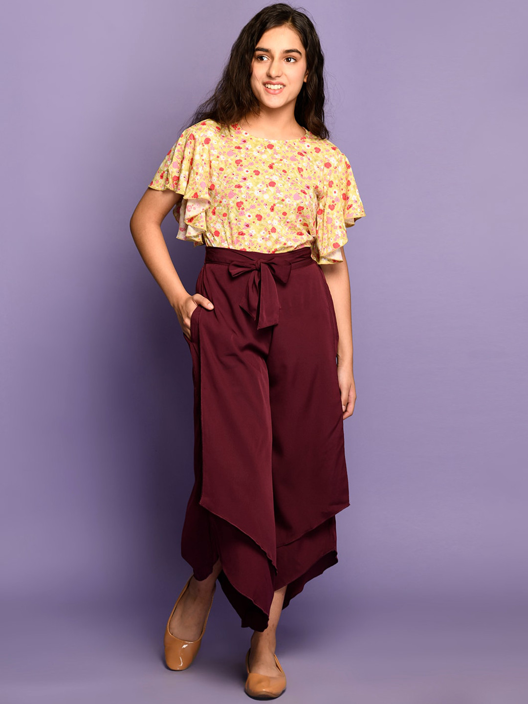 LilPicks Girls Yellow & Maroon Printed Top with Palazzos