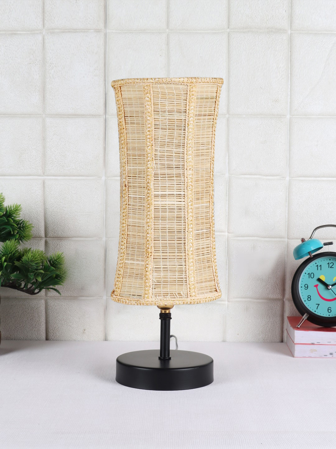 Devansh Beige Colored & Black Solid Table lamp with Bamboo Shade