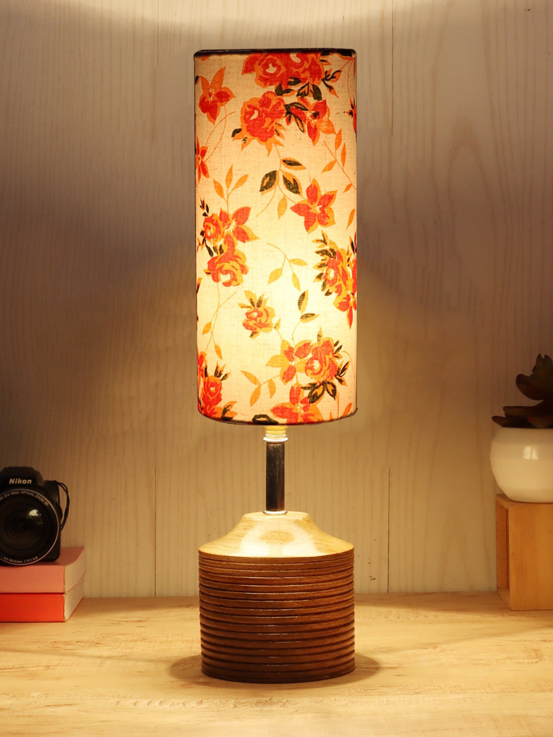 Devansh Off- White & Orange Colored Wooden Table Lamp With Cotton Shade