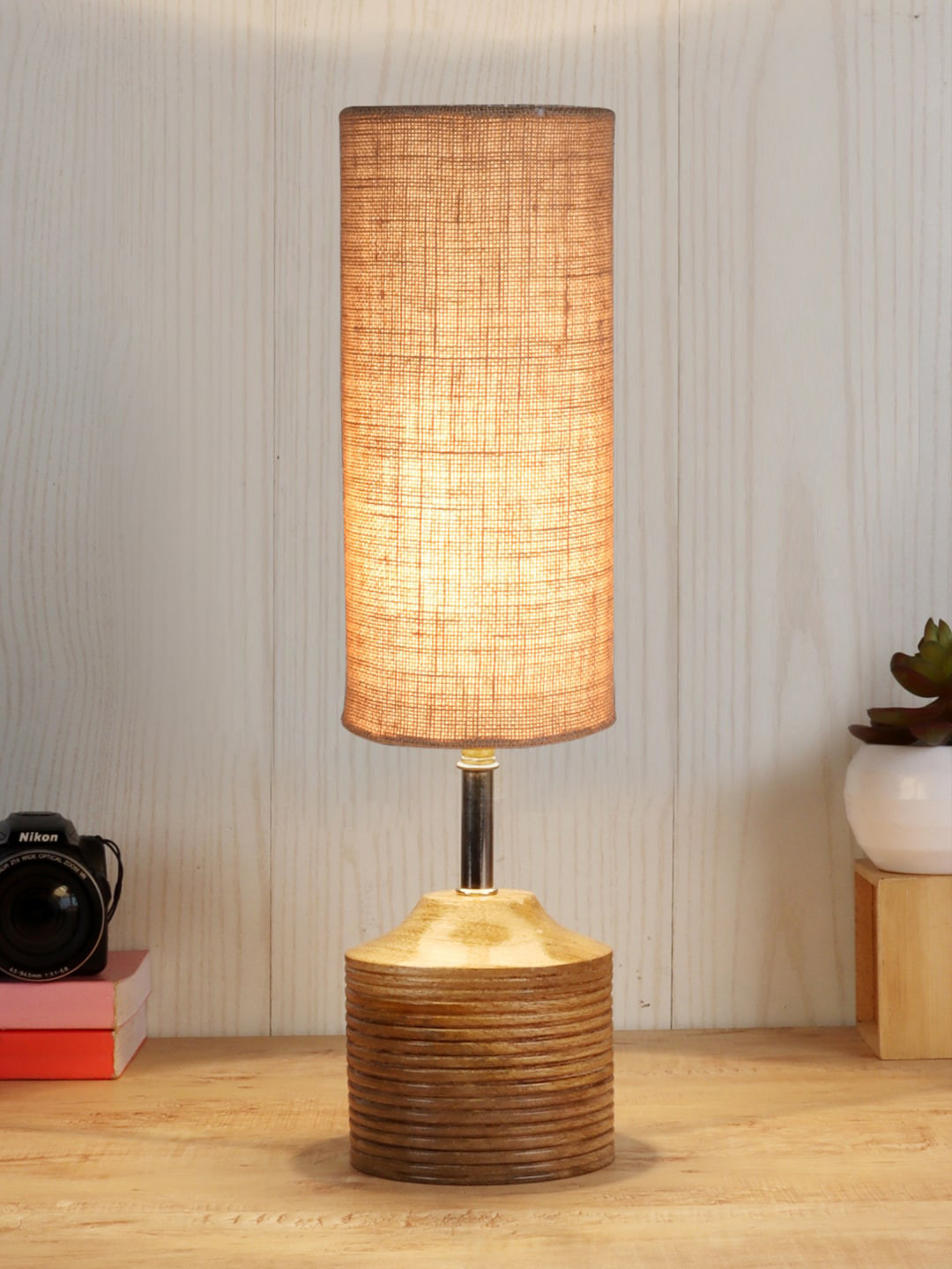 Devansh Beige Colored Solid Wood Table lamp with Jute Shade
