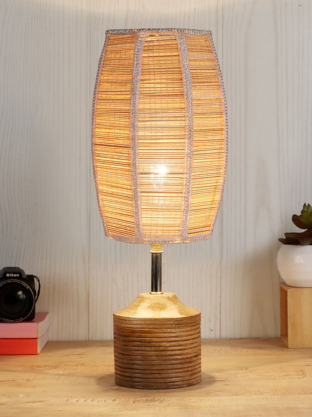 Devansh Beige Colored Solid Wood Table lamp with Bamboo Shade