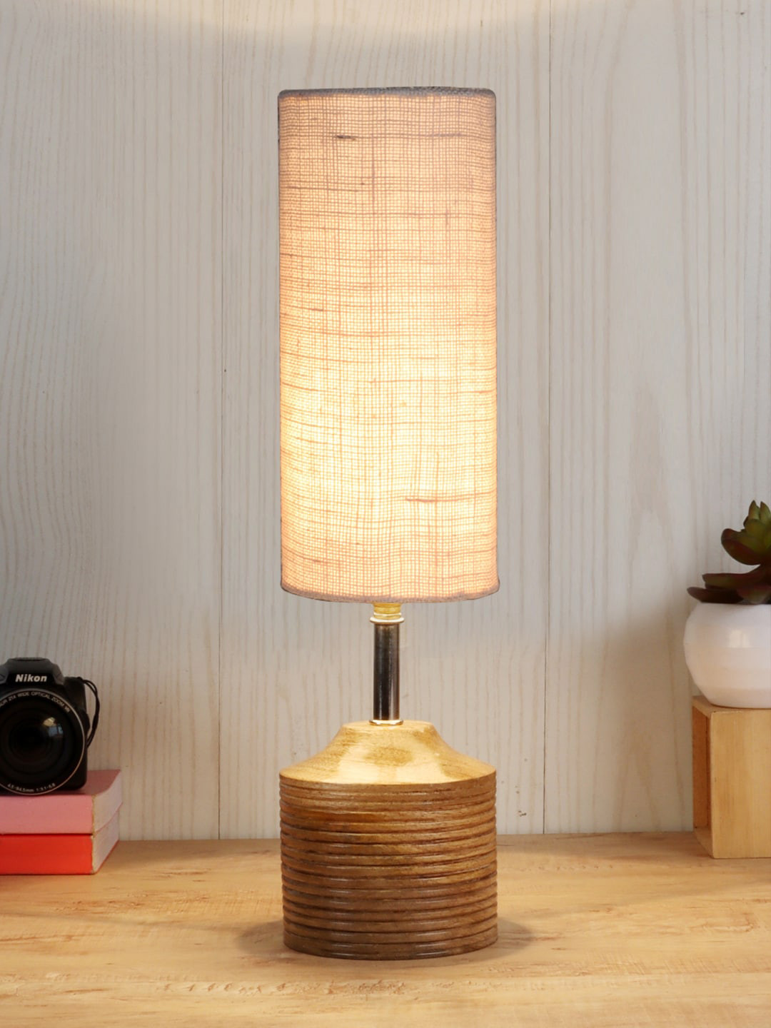Devansh White & Beige Colored Solid Wood Table lamp with Jute Shade