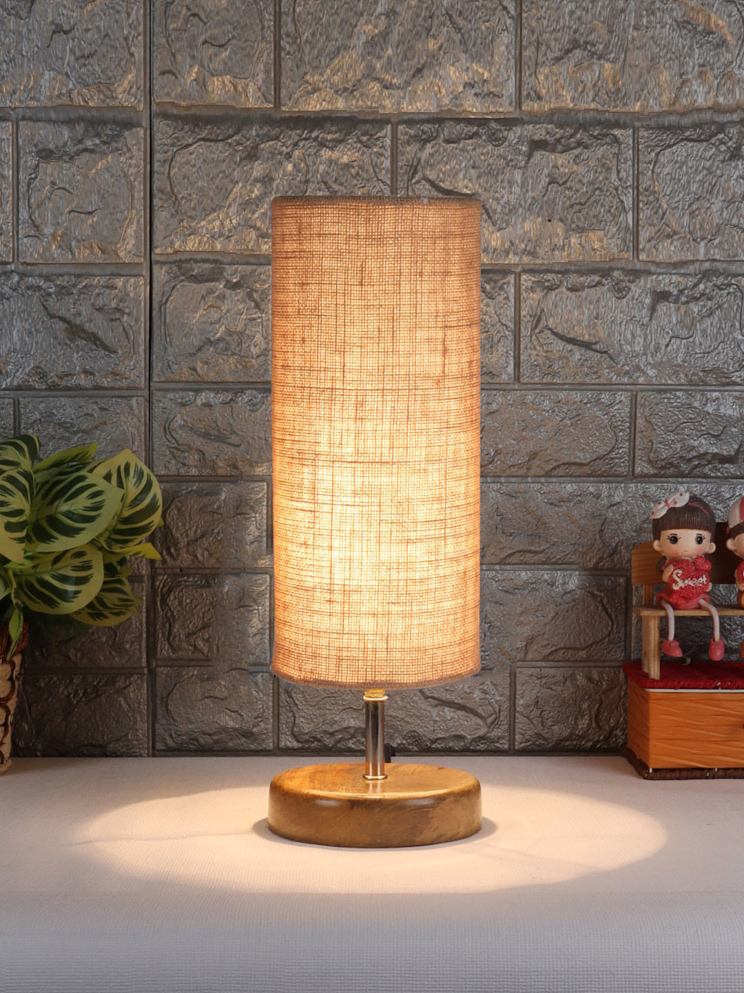 Devansh Beige & Brown Wood Table Lamp With Jute Shade