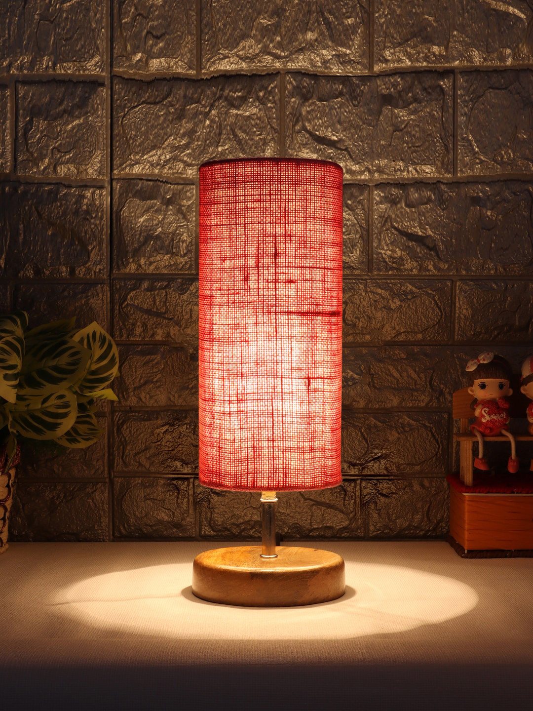 Devansh Pink & Brown Wood Table Lamp With Jute Shade