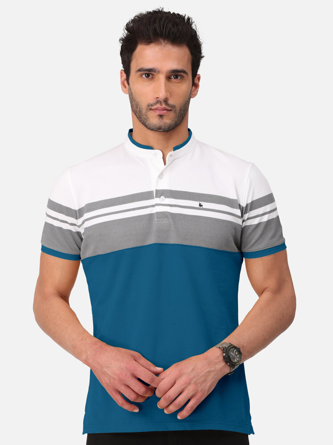 BULLMER Men Turquoise Blue Colourblocked Mandarin Collar Bio Finish T-shirt