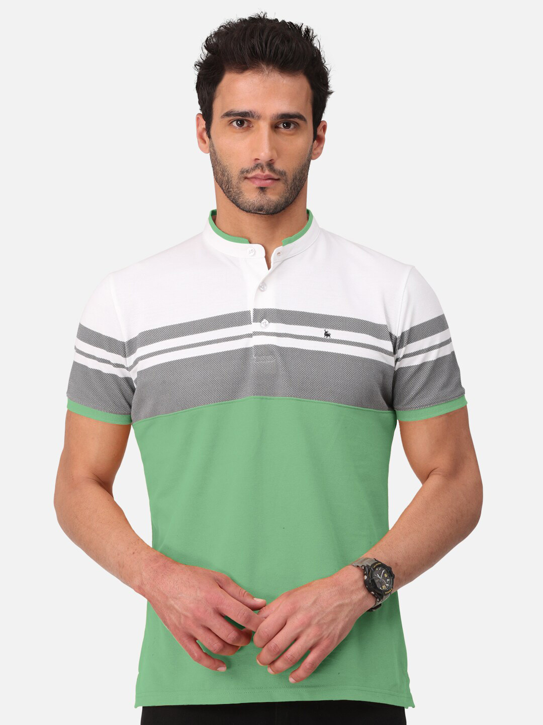 BULLMER Men Lime Green Striped Mandarin Collar Bio Finish T-shirt