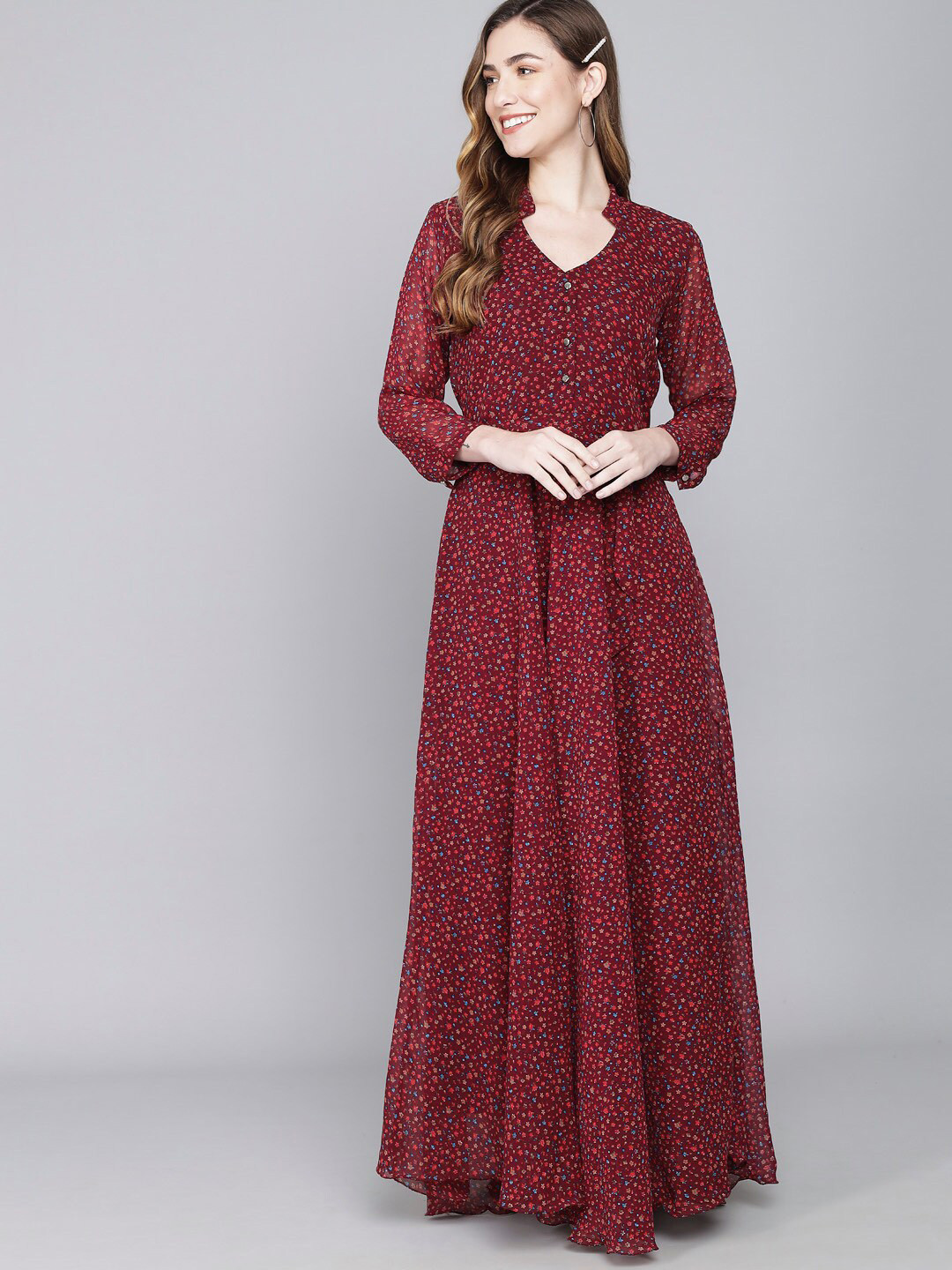 Rudraaksha Creations Burgundy & rosewood Floral Georgette Maxi Dress