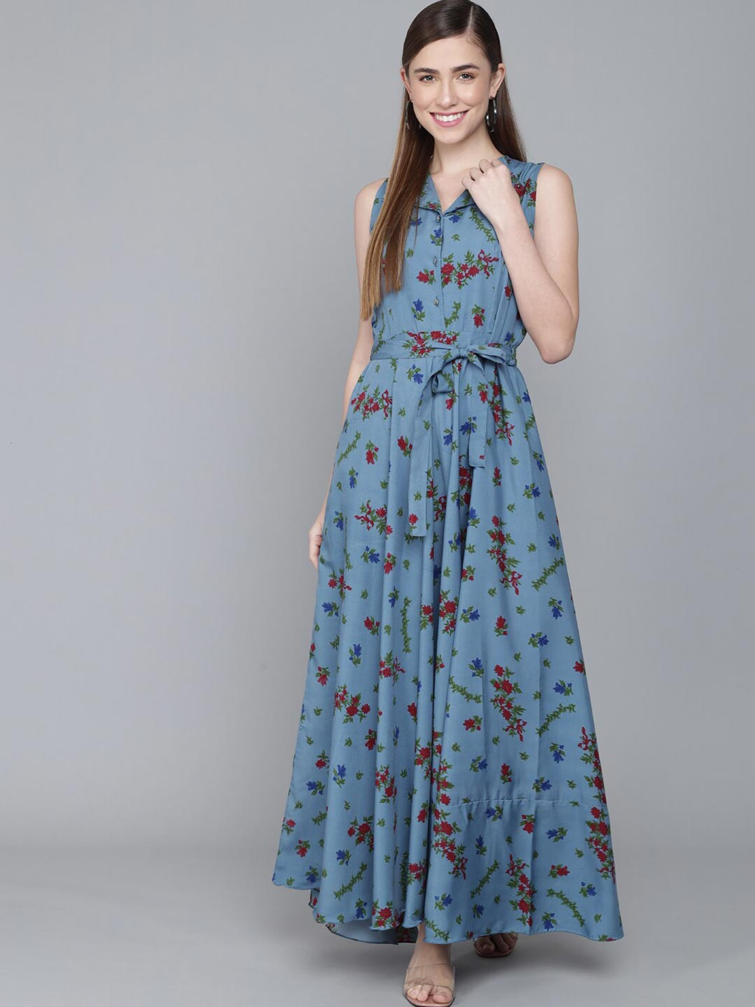 Rudraaksha Creations Blue & eggnog Floral Crepe Maxi Dress
