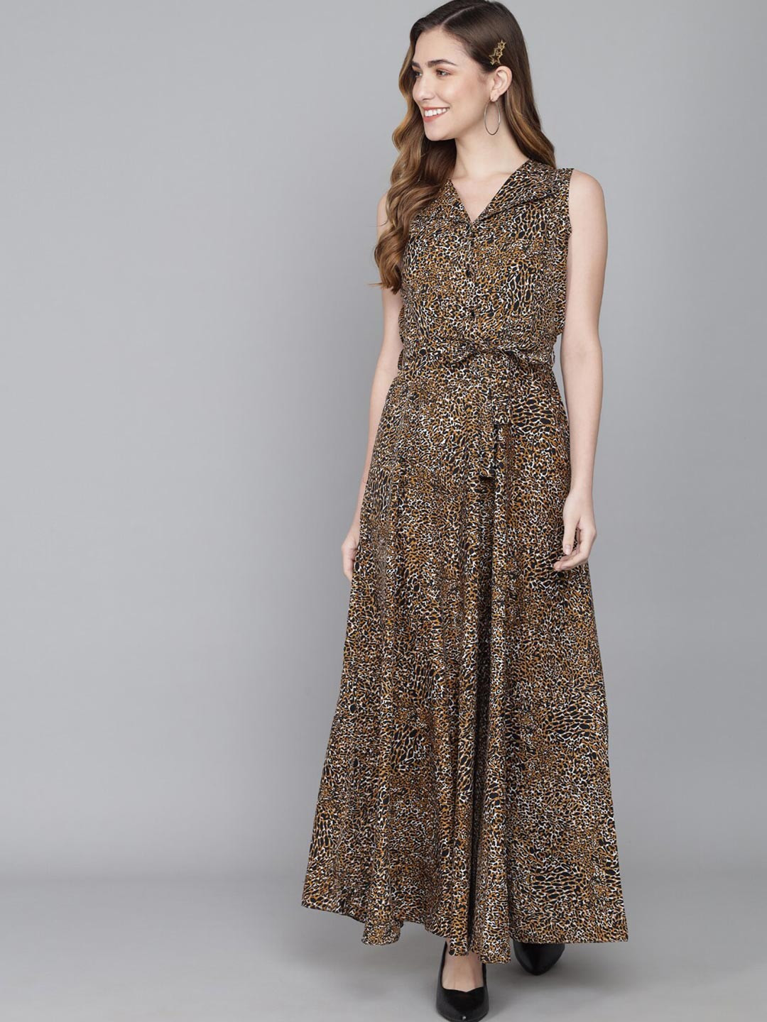 Rudraaksha Creations Brown & black olive Animal Crepe Maxi Dress
