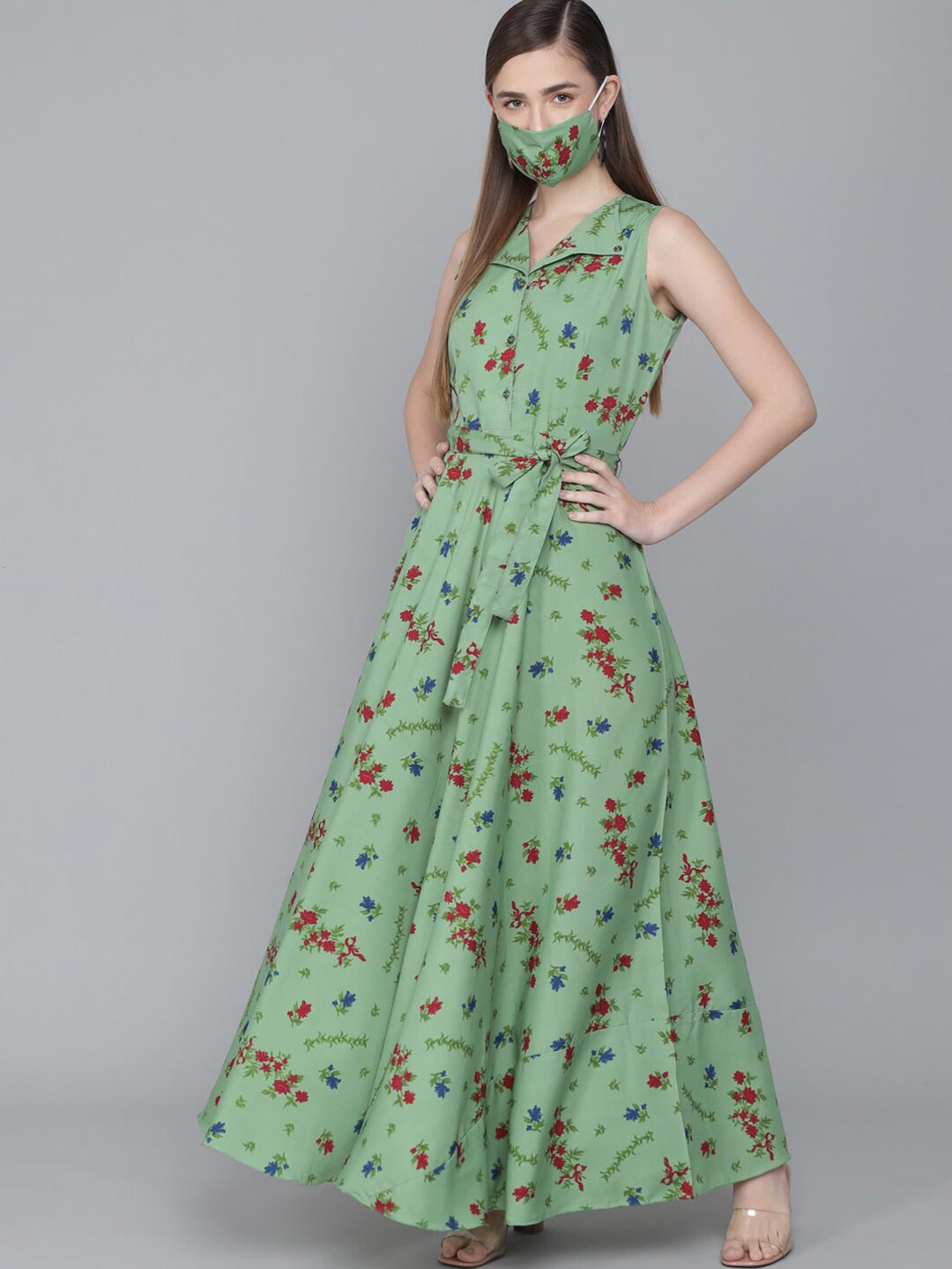 Rudraaksha Creations Green & columbia blue Floral Crepe Maxi Dress