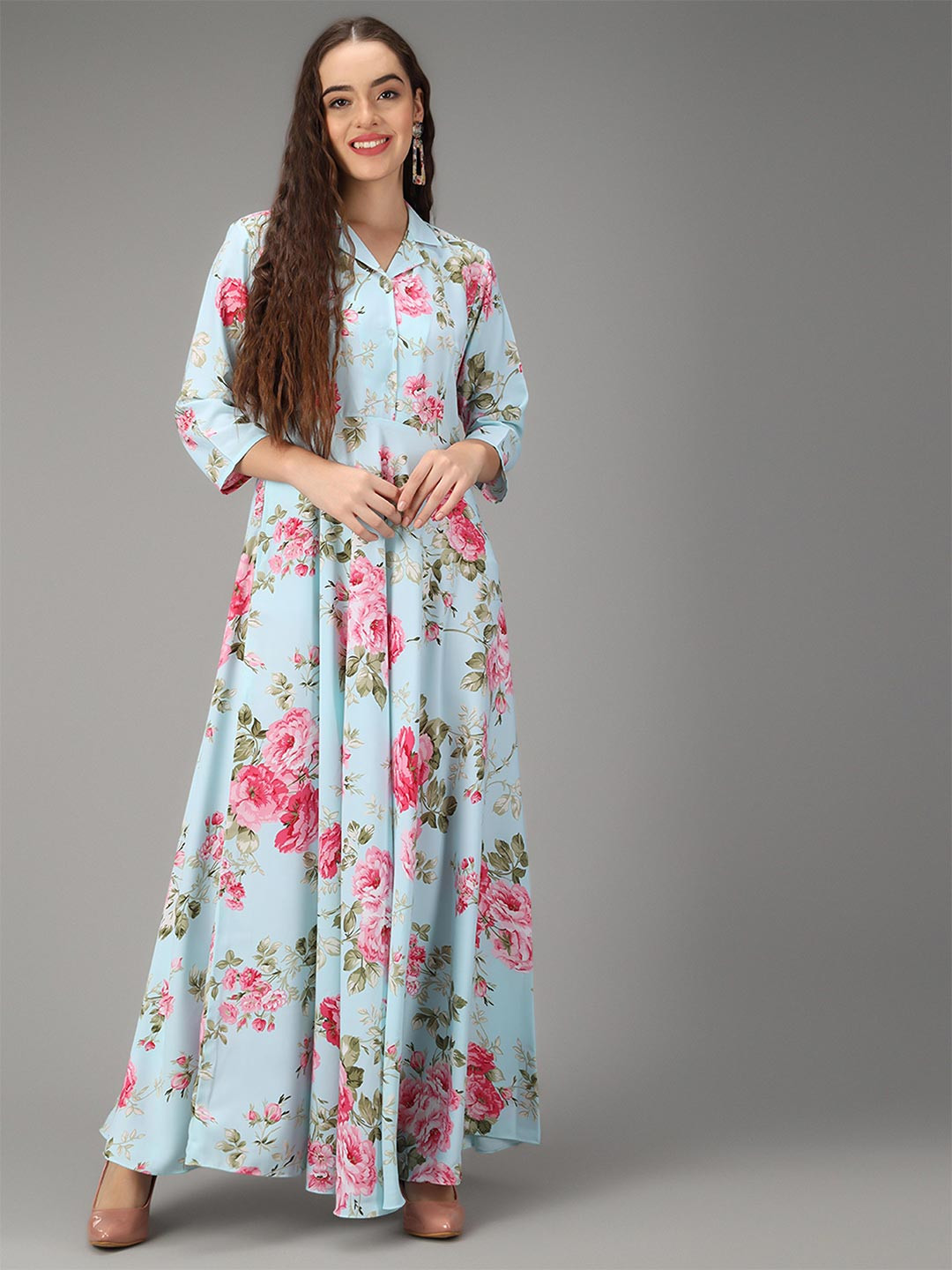 Rudraaksha Creations Blue & dove Floral Crepe Maxi Dress