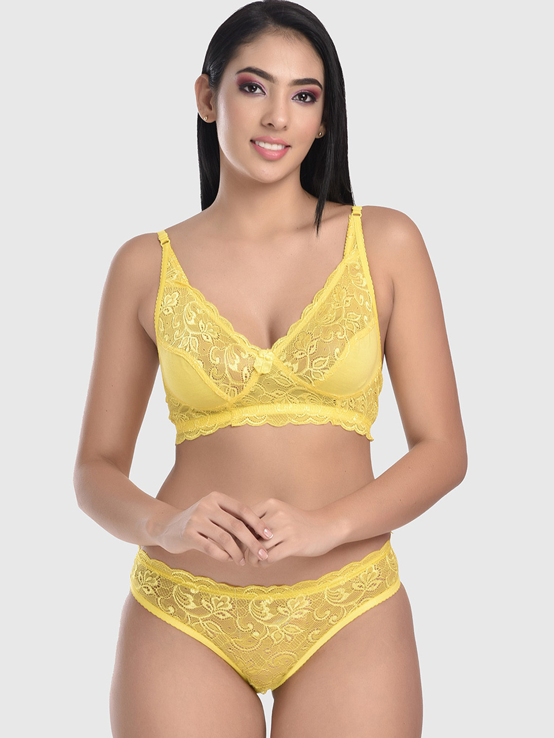 FIMS Women Yellow Lace Lingerie Set-I-ten_Set_Packof1_Yellow