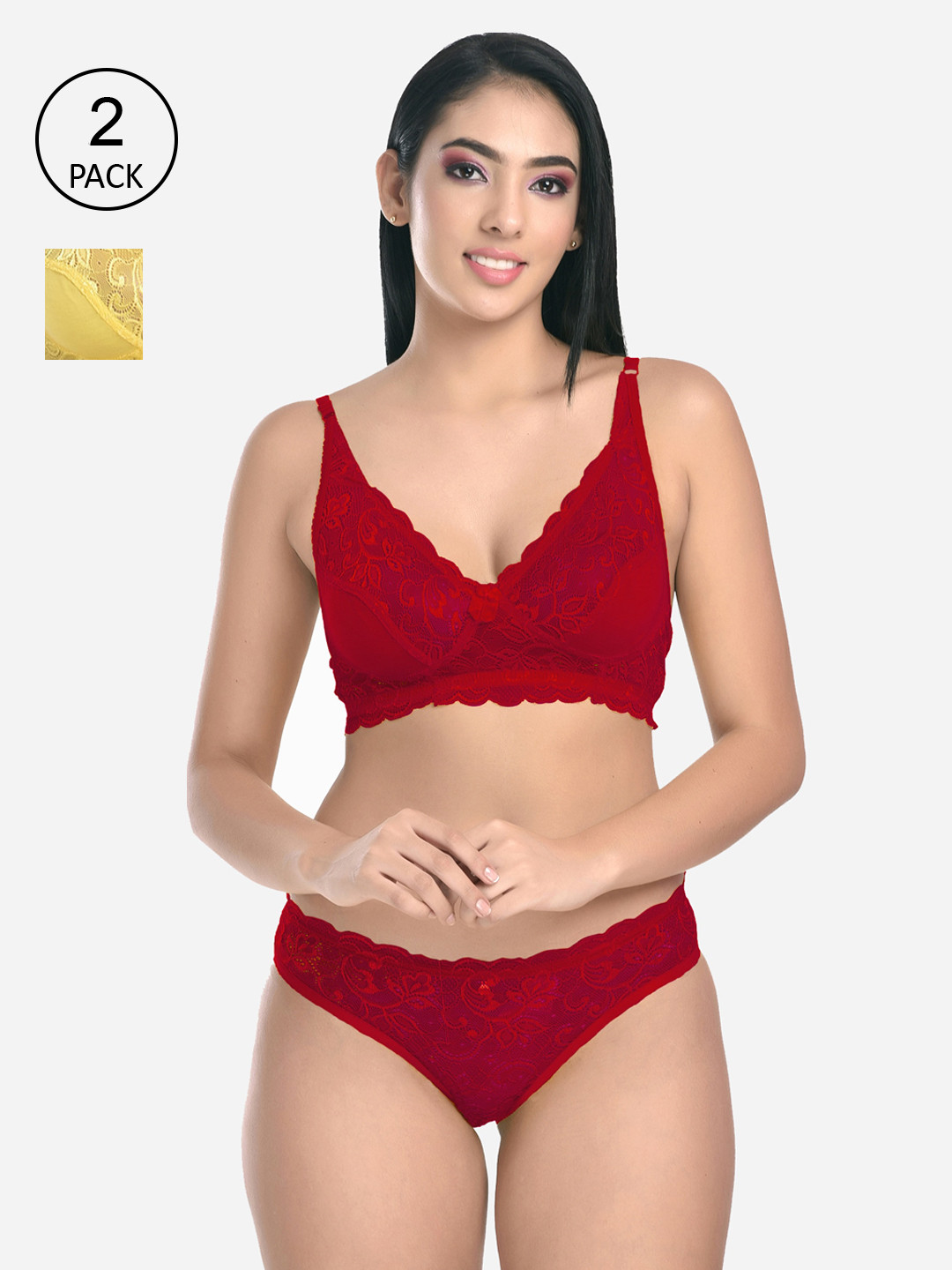 FIMS Women Pack of 2 Yellow & Maroon Solid Lingerie Set
