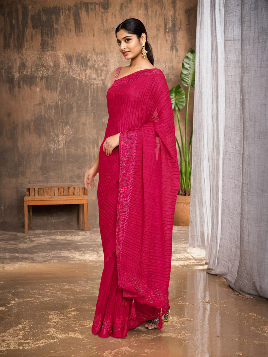 Soch Pink & Silver-Toned Beads and Stones Saree