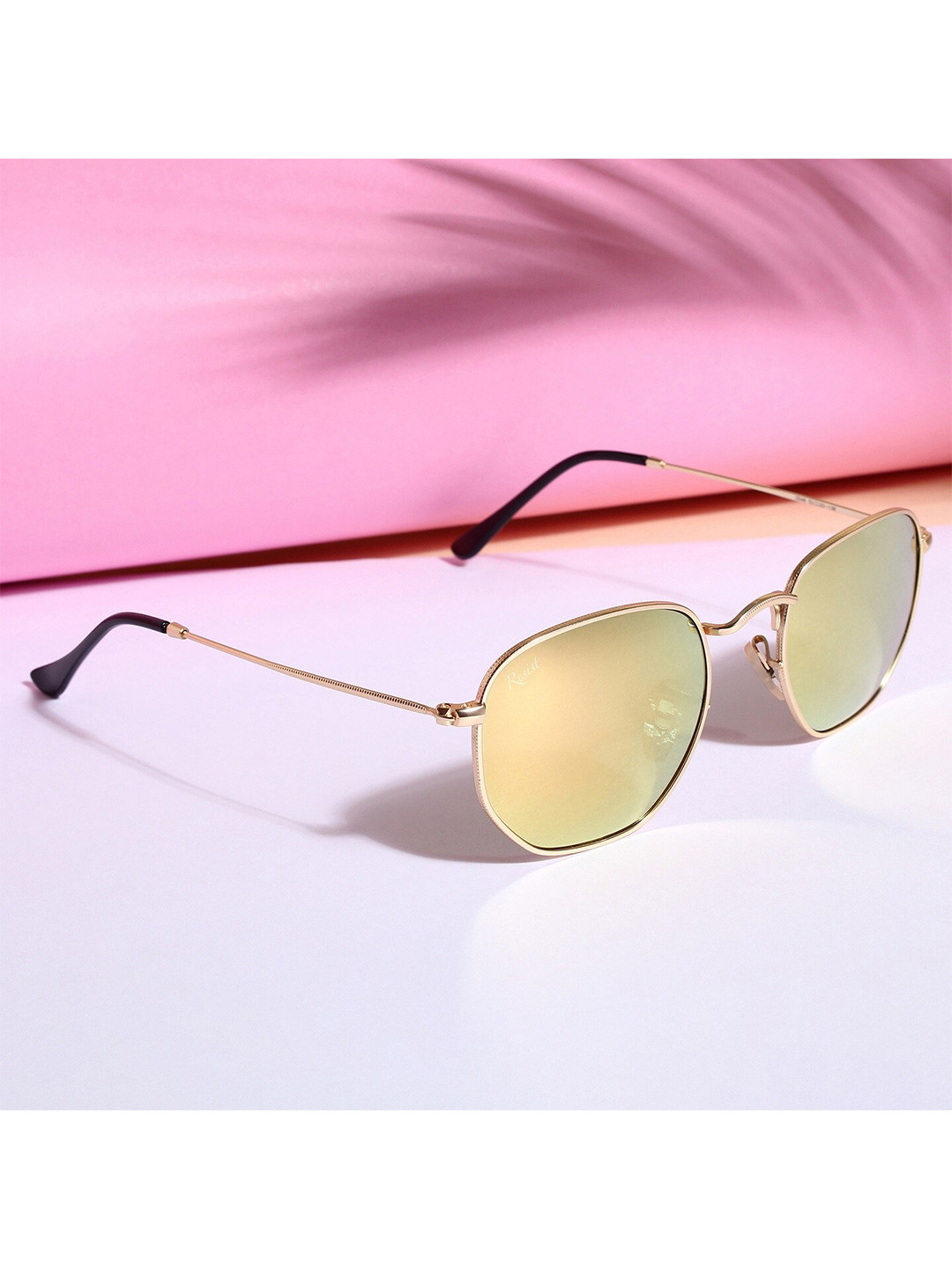 RESIST EYEWEAR Unisex Pink Lens & Gold-Toned Rectangle Sunglasses with UV Protected Lens