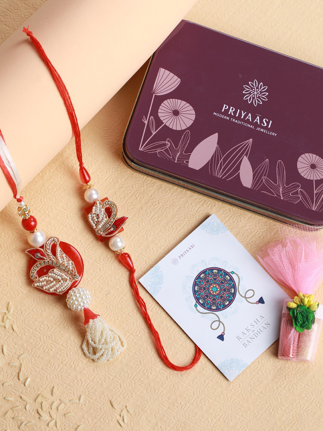 Priyaasi Red Beaded Fancy Bhaiya Bhabhi Rakhi Set