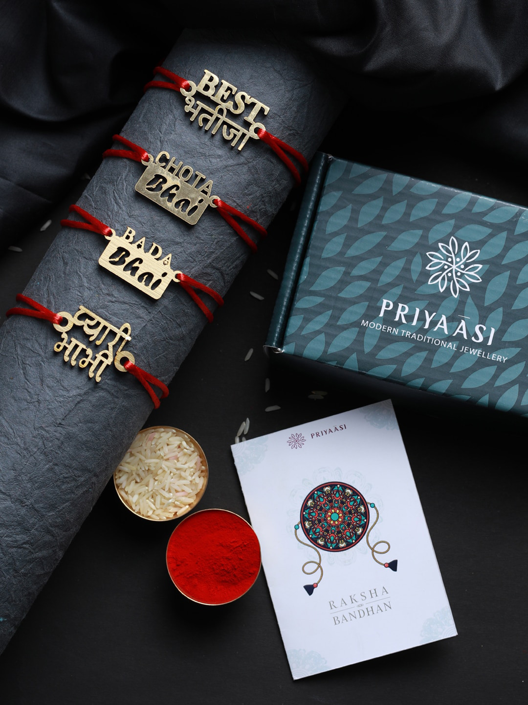 Priyaasi Red Set of 4 Wooden Thread Rakhis with Roli Chawal & Card