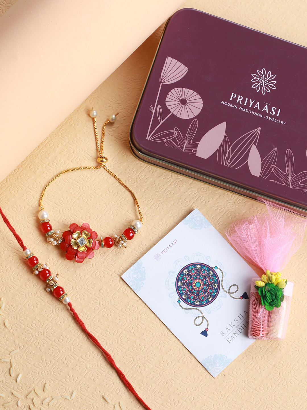 Priyaasi Red Set of 2 Flower Beaded Rakhi with Roli Chawal & Card