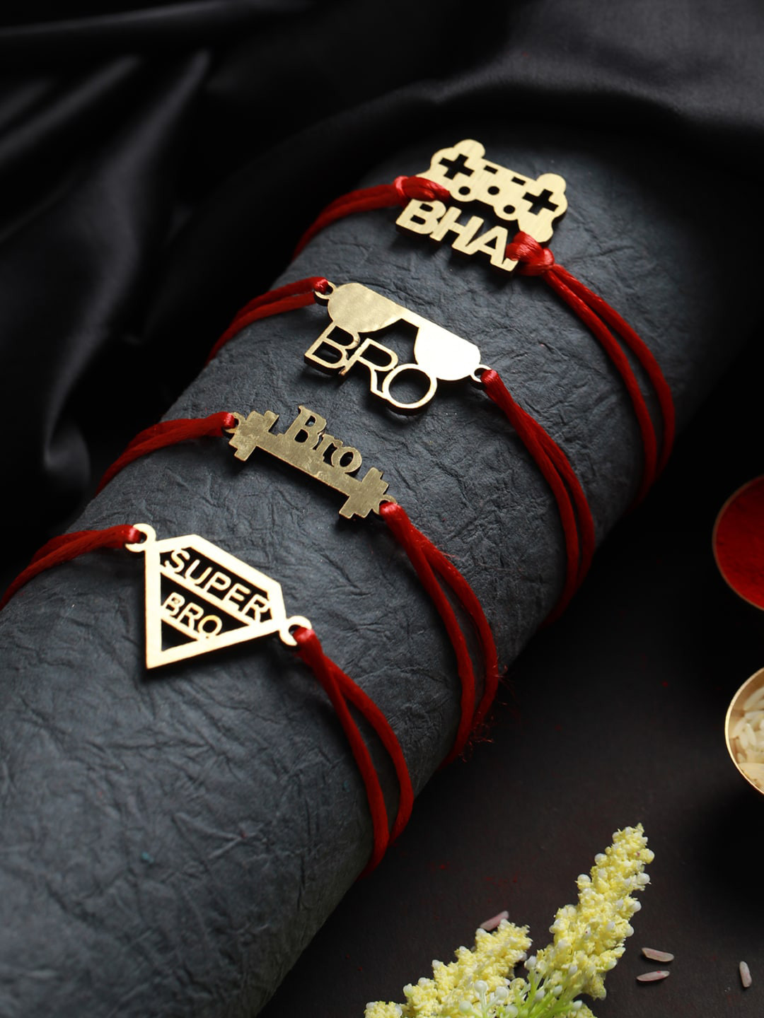 Priyaasi Set Of 4 Red & Gold-Coloured Beaded Rakhi with Roli Chawal & Card