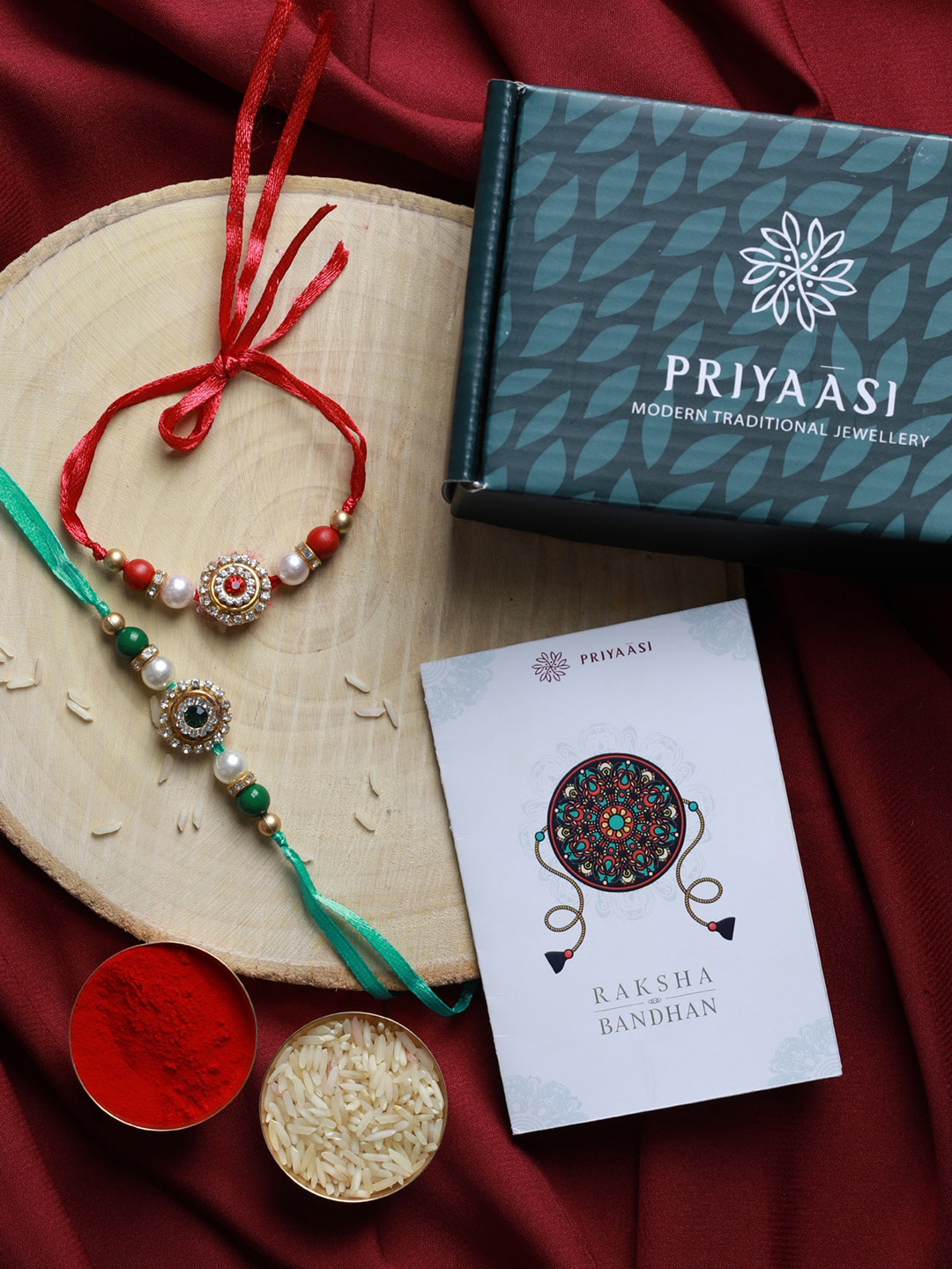 Priyaasi Set of 2 Red & Green Studded Floral Rakhi with Roli Chawal & Card