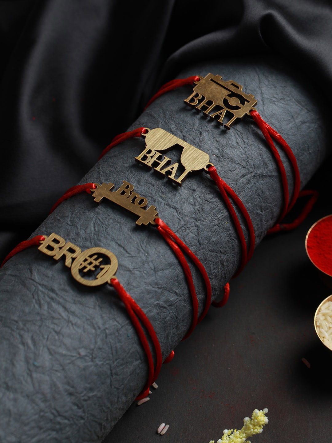 Priyaasi Set of 4 Wooden Thread Rakhi with Roli Chawal & Card